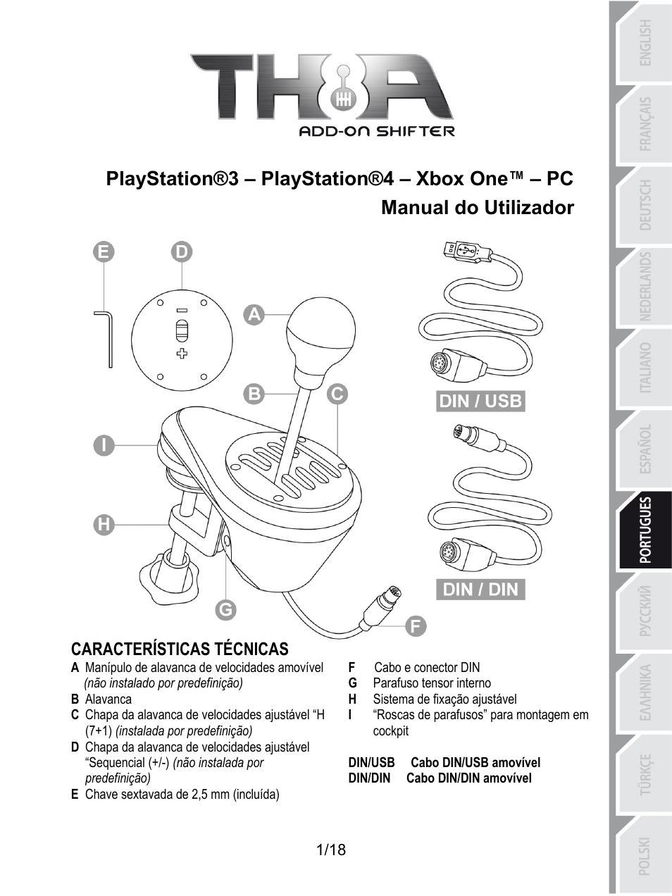 Por_th8a_v2, Playstation®3 – playstation®4 – xbox one™ – pc, Manual do utilizador | Características técnicas, F cabo e conector din, A manípulo de alavanca de velocidades amovível, G parafuso tensor interno, Não instalado por predefinição), H sistema de fixação ajustável, B alavanca | Thrustmaster TH8A Shifter User Manual | Page 110 / 217