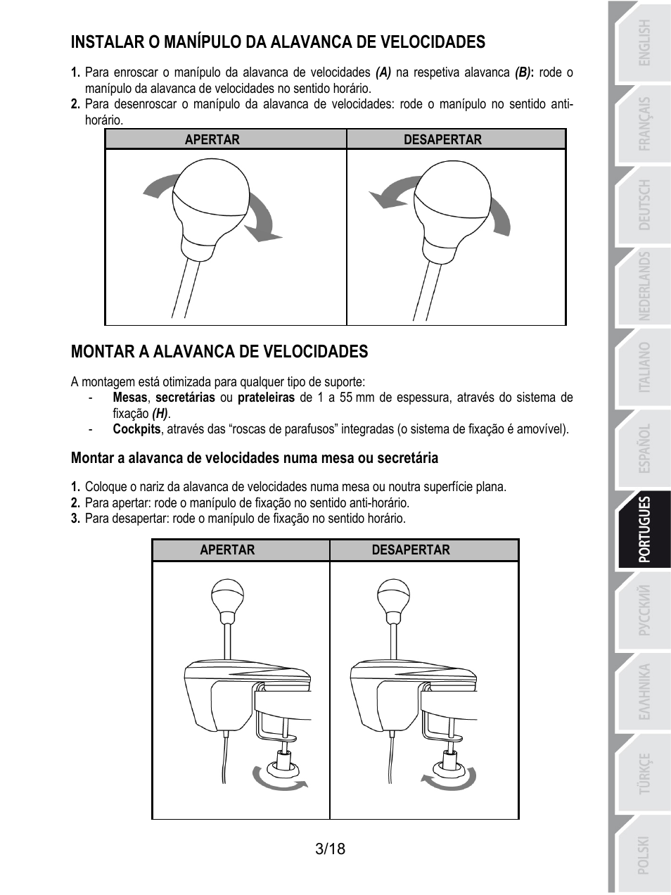 Instalar o manípulo da alavanca de velocidades, Desapertar, Apertar | Montar a alavanca de velocidades | Thrustmaster TH8A Shifter User Manual | Page 112 / 217