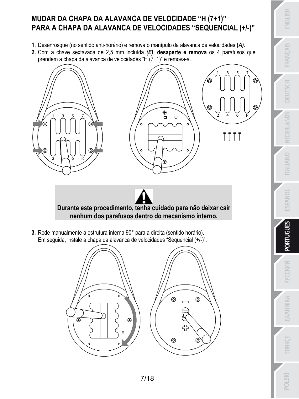 Mudar da chapa da alavanca de velocidade “h (7+1), Nenhum dos parafusos dentro do mecanismo interno | Thrustmaster TH8A Shifter User Manual | Page 116 / 217