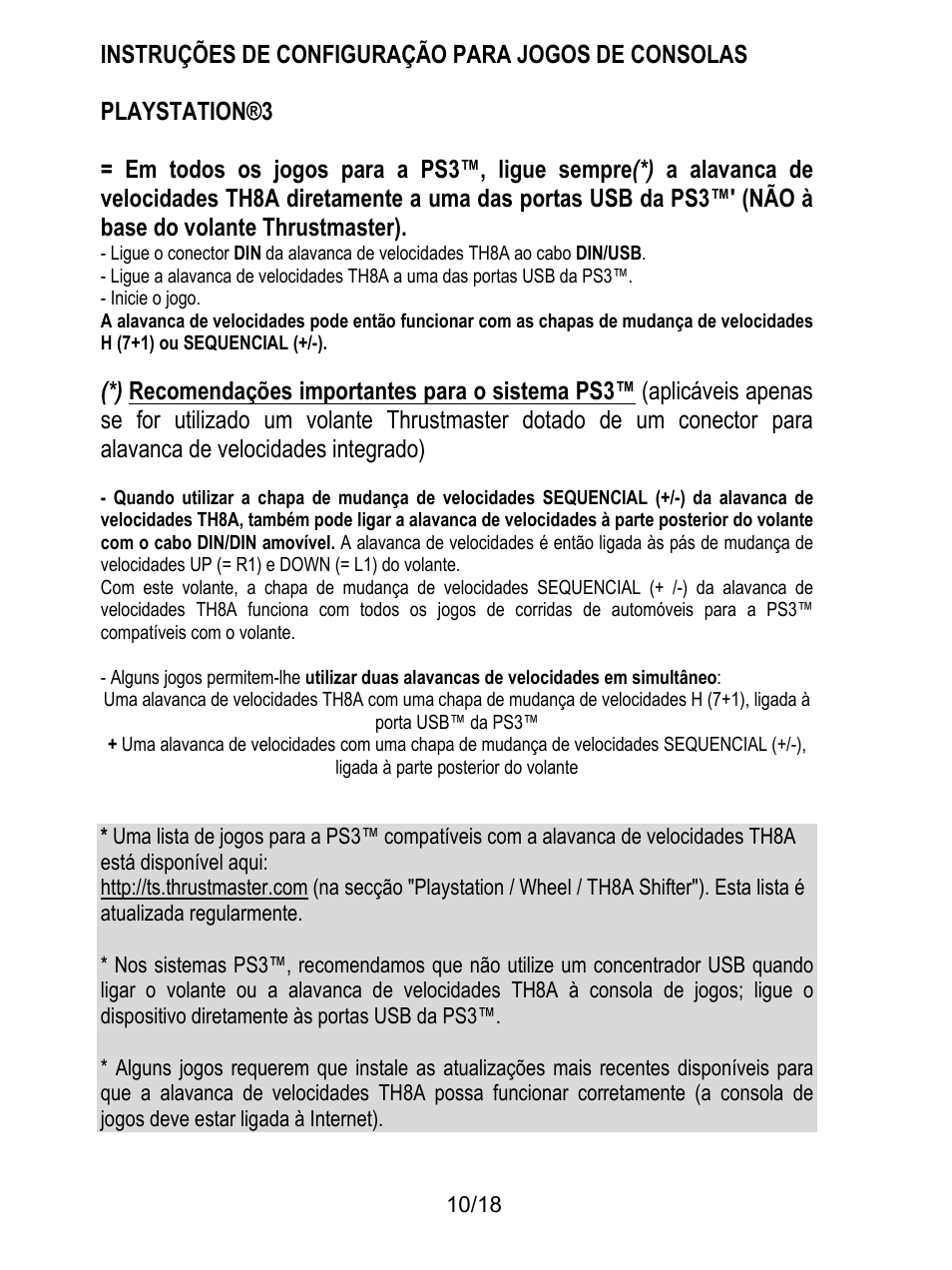 Instruções de configuração para jogos de consolas, Playstation®3, Inicie o jogo | Thrustmaster TH8A Shifter User Manual | Page 119 / 217