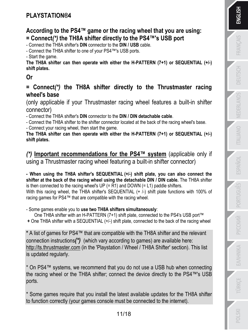 Playstation®4, Start the game, Connect your racing wheel, then start the game | Thrustmaster TH8A Shifter User Manual | Page 12 / 217