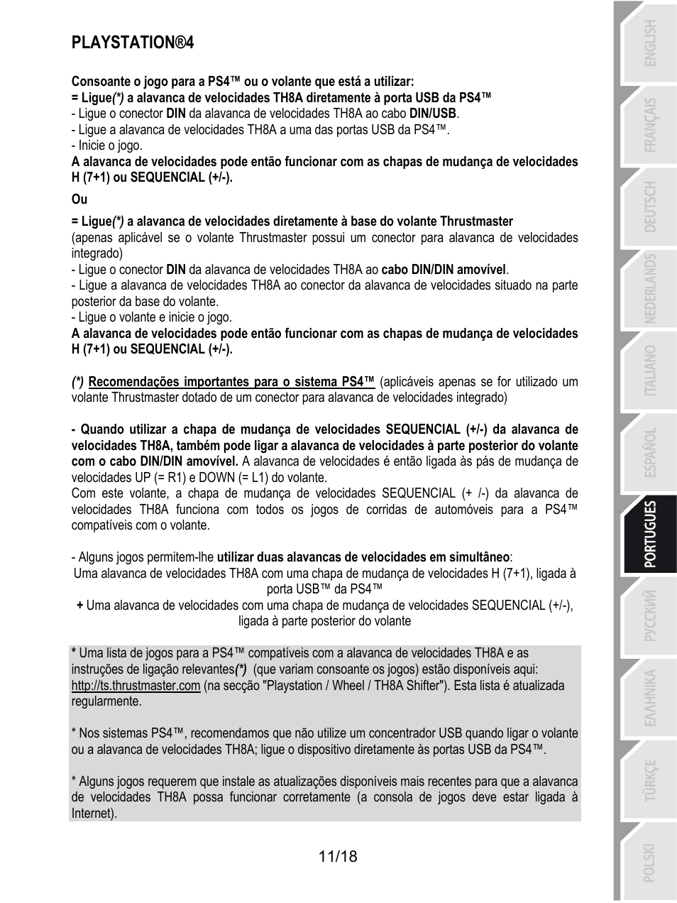 Playstation®4, Inicie o jogo, Ligue o volante e inicie o jogo | Thrustmaster TH8A Shifter User Manual | Page 120 / 217