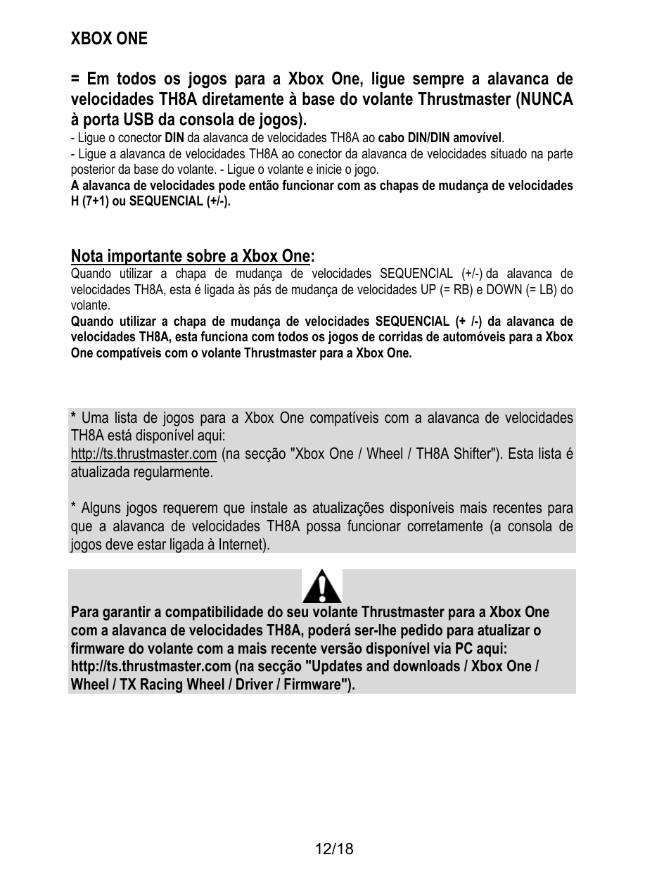 Xbox one, Nota importante sobre a xbox one | Thrustmaster TH8A Shifter User Manual | Page 121 / 217