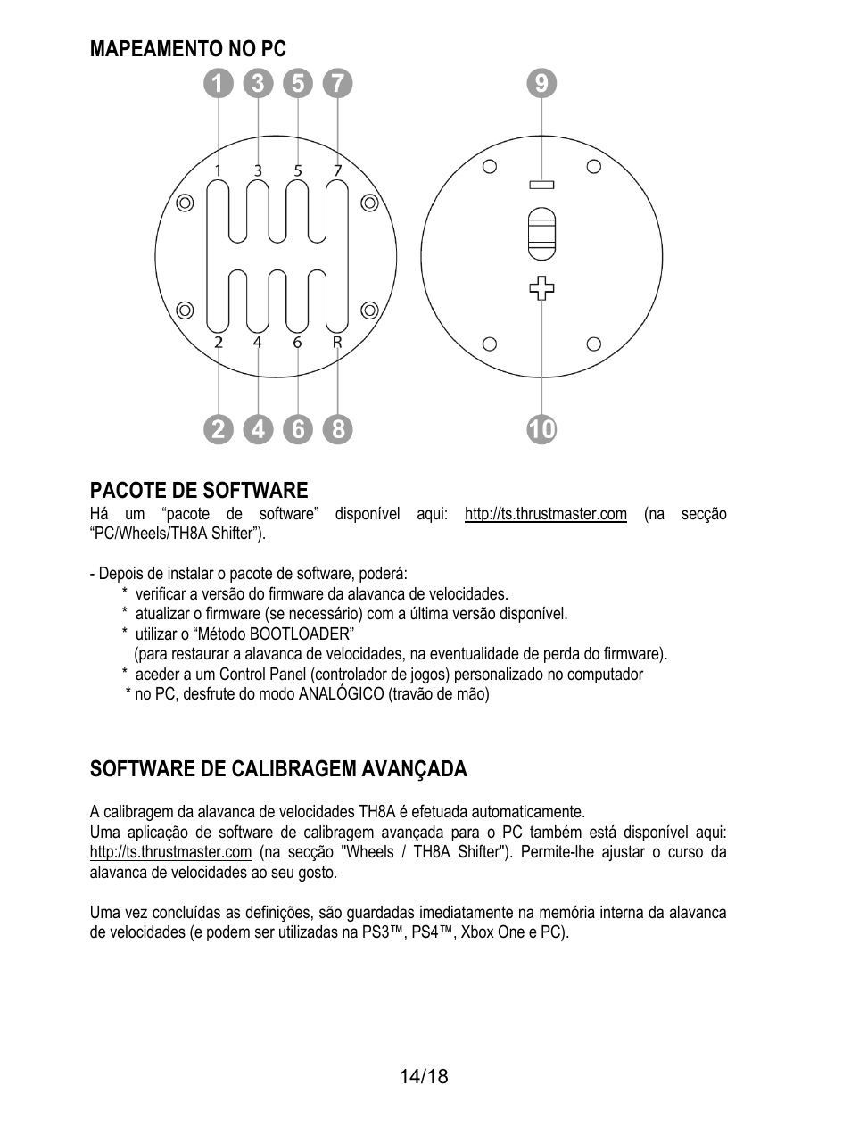 Mapeamento no pc, Pacote de software, Depois de instalar o pacote de software, poderá | Utilizar o “método bootloader, No pc, desfrute do modo analógico (travão de mão), Software de calibragem avançada, Mapeamento no pc pacote de software | Thrustmaster TH8A Shifter User Manual | Page 123 / 217