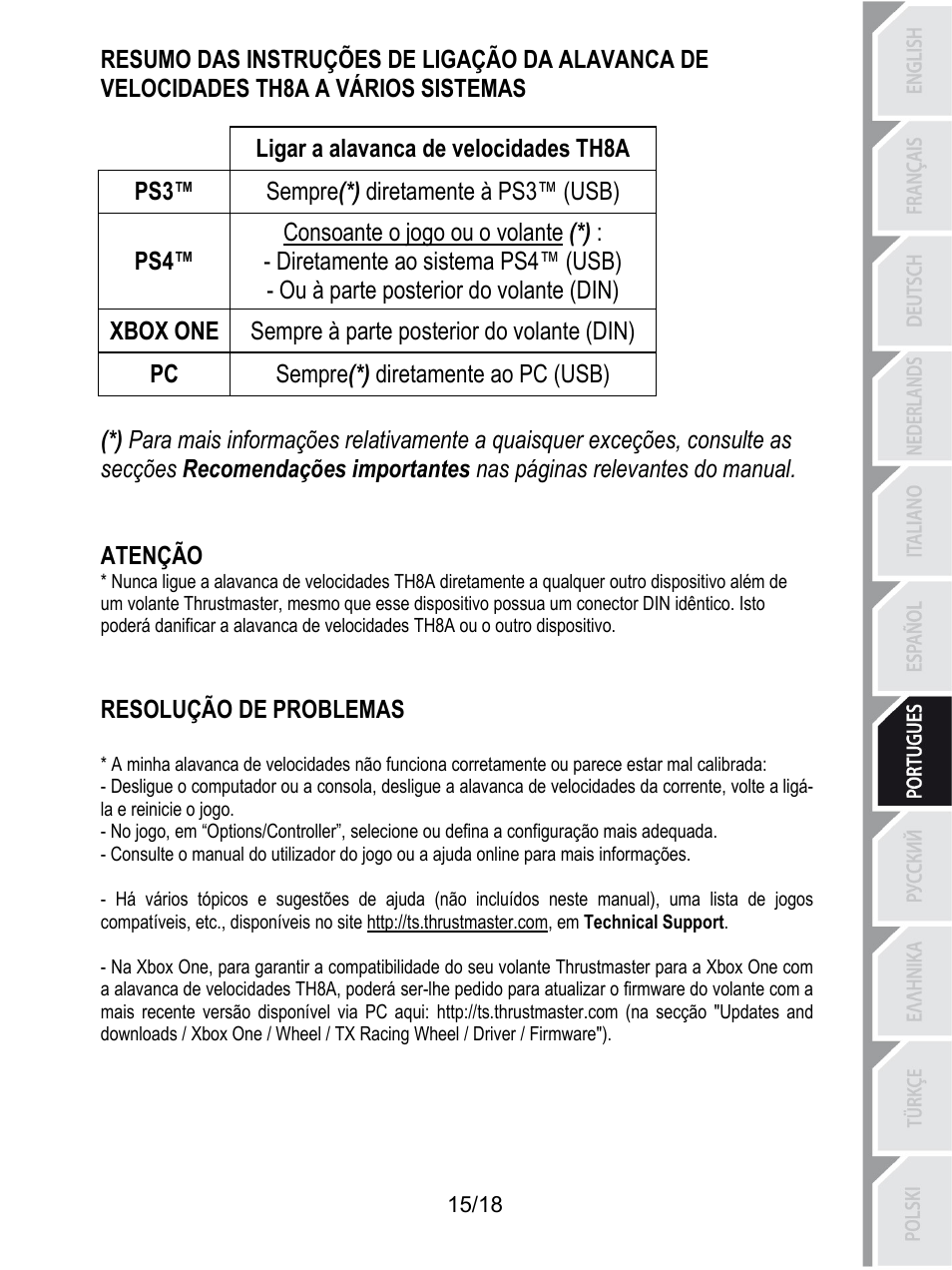 Ligar a alavanca de velocidades th8a, Sempre(*) diretamente à ps3™ (usb), Consoante o jogo ou o volante (*) | Diretamente ao sistema ps4™ (usb), Ou à parte posterior do volante (din), Sempre à parte posterior do volante (din), Xbox one, Sempre(*) diretamente ao pc (usb), Atenção, Resolução de problemas | Thrustmaster TH8A Shifter User Manual | Page 124 / 217