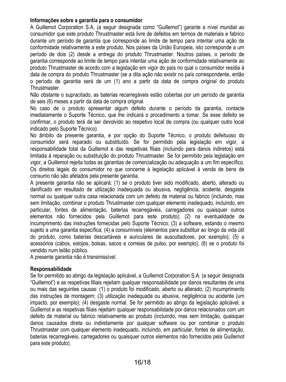 189bresponsabilidade, Informações sobre a garantia para o consumidor, A presente garantia não é transmissível | Responsabilidade | Thrustmaster TH8A Shifter User Manual | Page 125 / 217