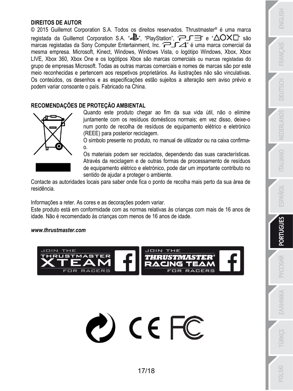 192brecomendações de proteção ambiental, Direitos de autor, Recomendações de proteção ambiental | Www.thrustmaster.com | Thrustmaster TH8A Shifter User Manual | Page 126 / 217