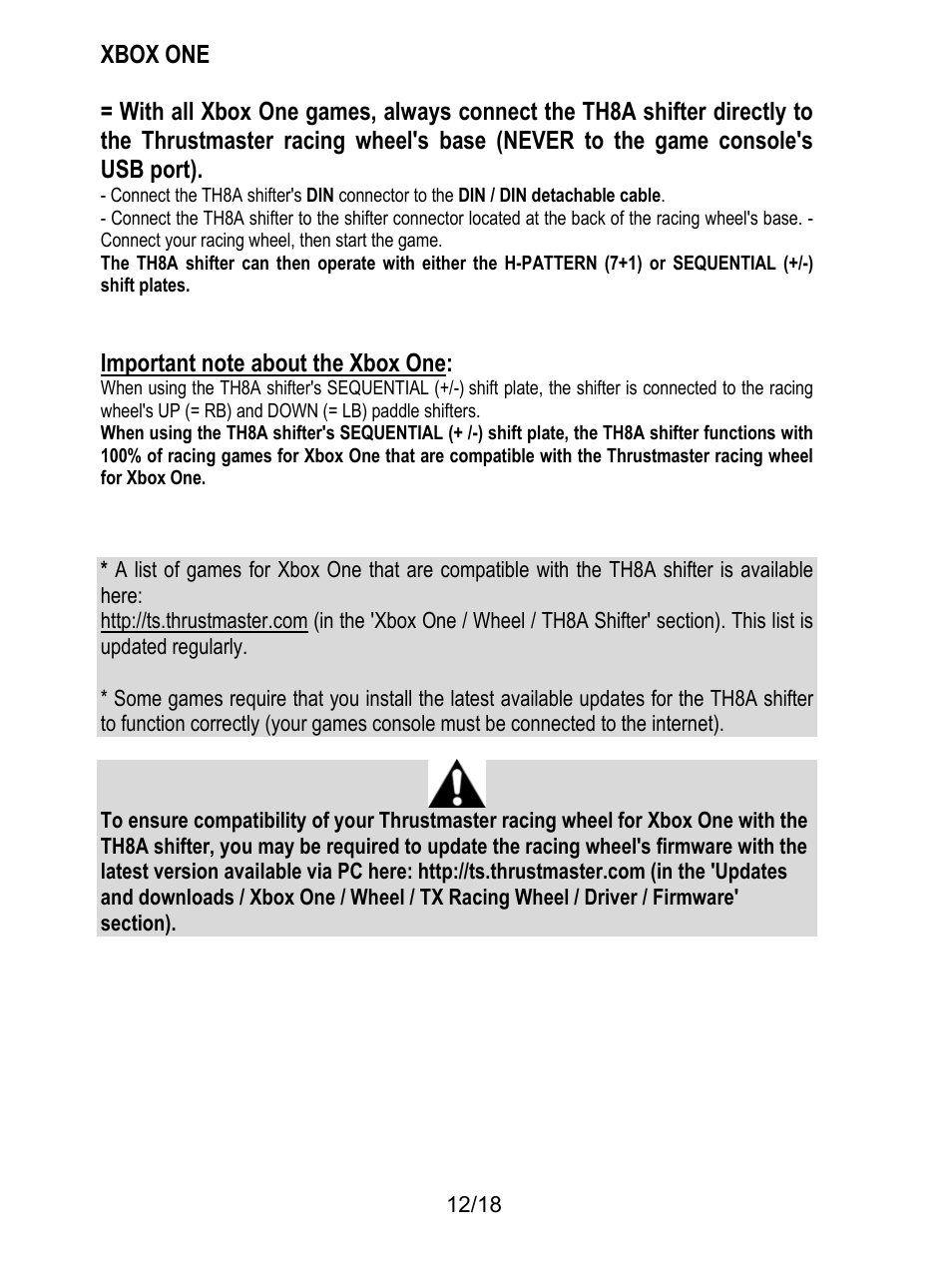 Xbox one, Important note about the xbox one | Thrustmaster TH8A Shifter User Manual | Page 13 / 217