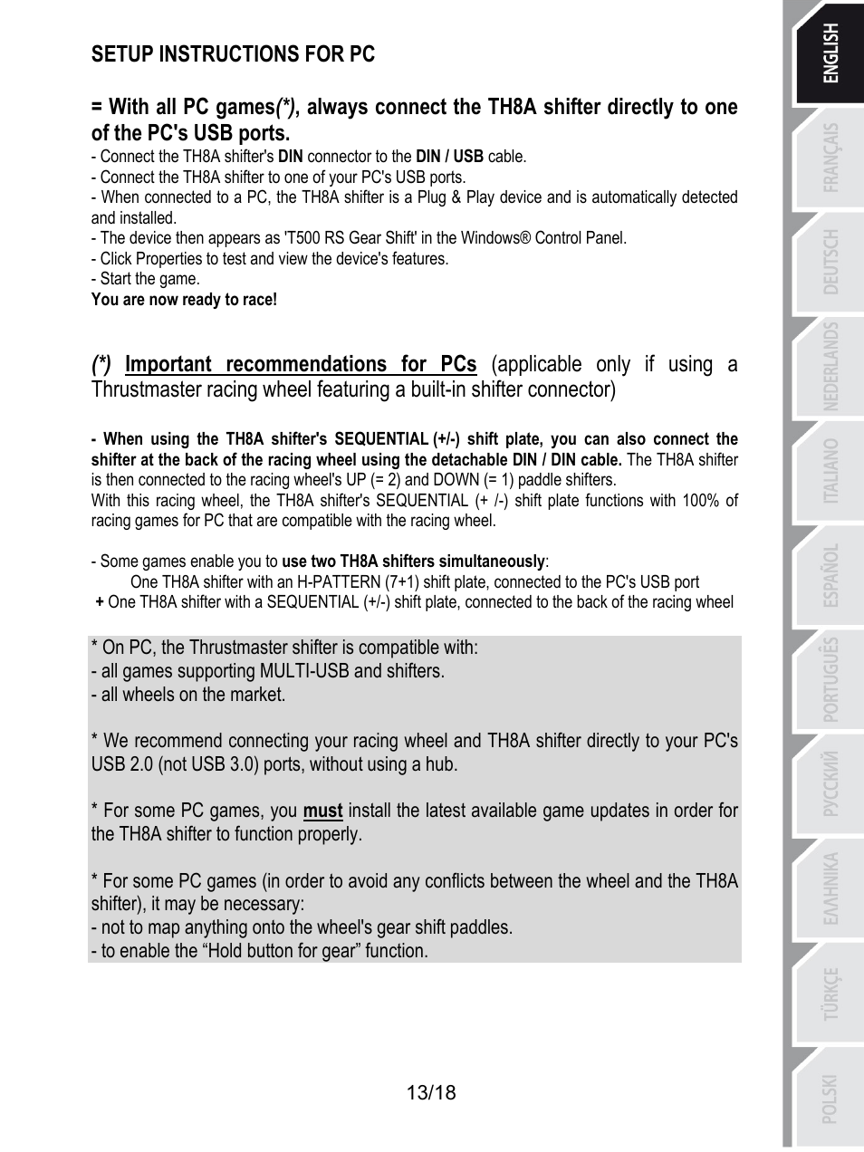 Setup instructions for pc, Start the game, You are now ready to race | On pc, the thrustmaster shifter is compatible with, All games supporting multi-usb and shifters, All wheels on the market, To enable the “hold button for gear” function | Thrustmaster TH8A Shifter User Manual | Page 14 / 217