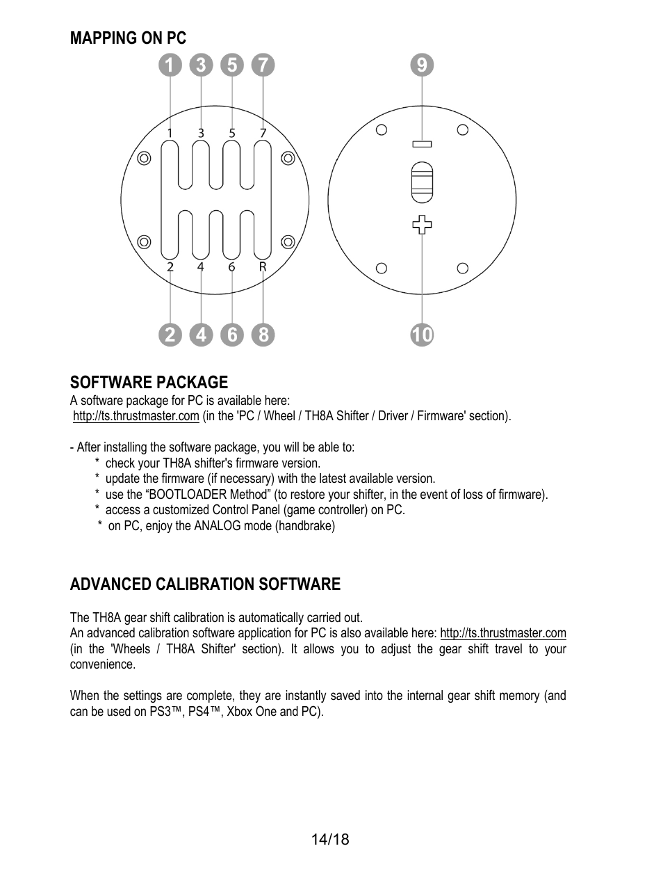 Mapping on pc, Software package, A software package for pc is available here | Check your th8a shifter's firmware version, On pc, enjoy the analog mode (handbrake), Advanced calibration software, Mapping on pc software package | Thrustmaster TH8A Shifter User Manual | Page 15 / 217