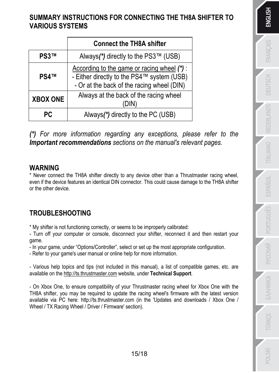 Connect the th8a shifter, Always(*) directly to the ps3™ (usb), According to the game or racing wheel (*) | Either directly to the ps4™ system (usb), Or at the back of the racing wheel (din), Always at the back of the racing wheel (din), Xbox one, Always(*) directly to the pc (usb), Warning, Troubleshooting | Thrustmaster TH8A Shifter User Manual | Page 16 / 217