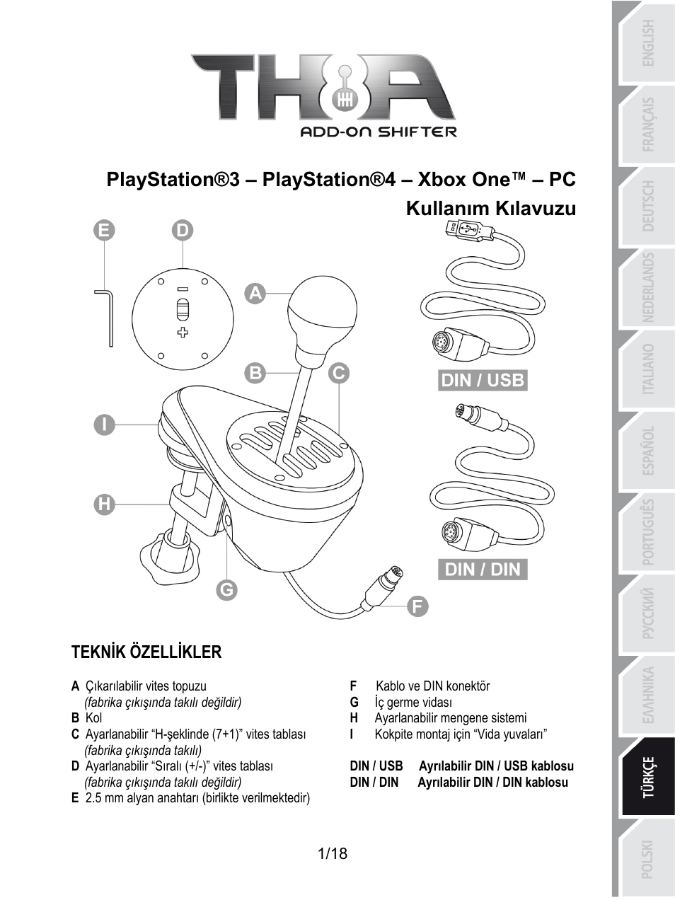 Tur_th8a_v2, Playstation®3 – playstation®4 – xbox one™ – pc, Kullanım kılavuzu | Teknik özellikler, F kablo ve din konektör, A çıkarılabilir vites topuzu, G iç germe vidası, Fabrika çıkışında takılı değildir), H ayarlanabilir mengene sistemi, B kol | Thrustmaster TH8A Shifter User Manual | Page 164 / 217