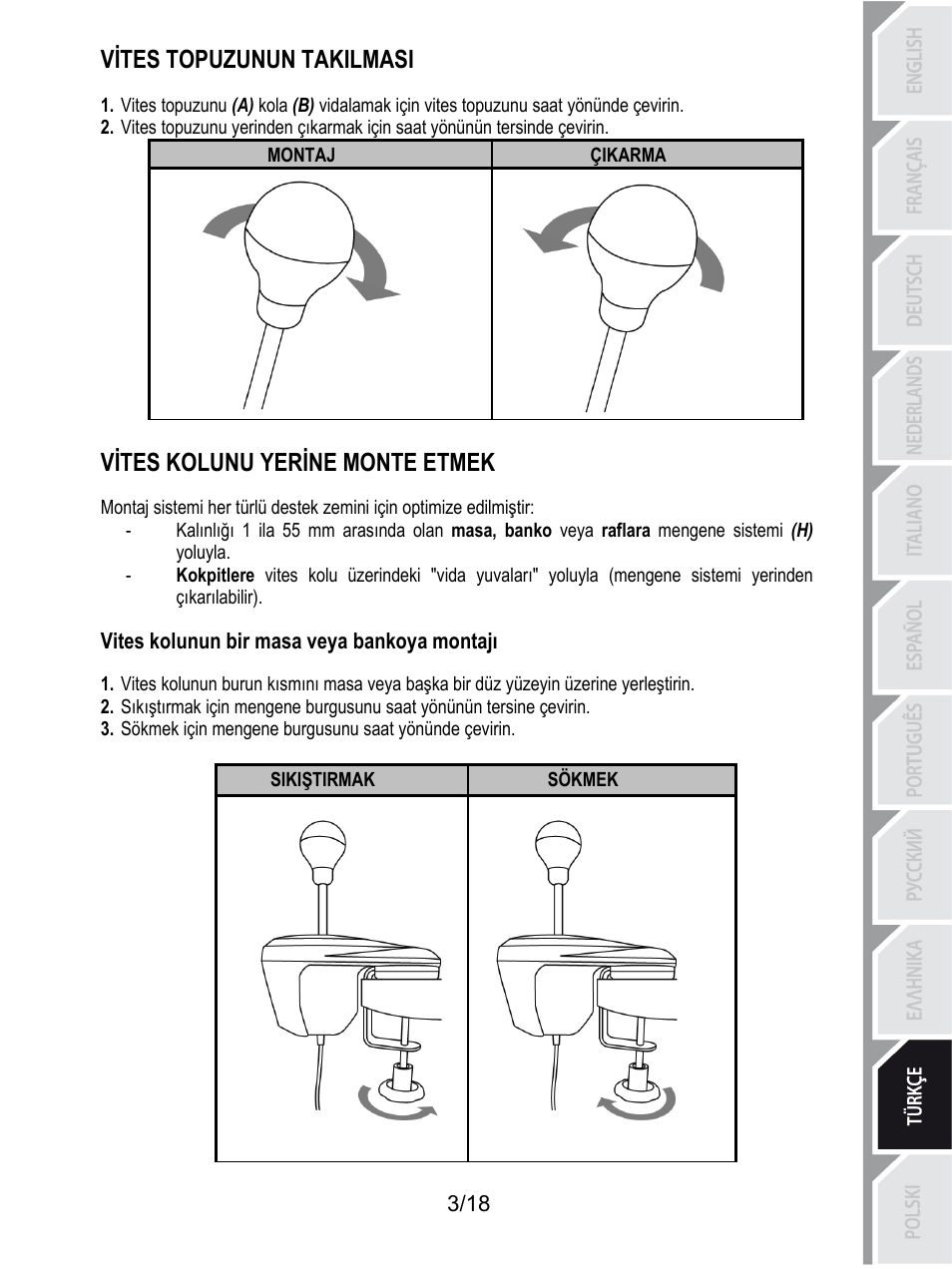 Vites topuzunun takilmasi, Çikarma, Montaj | Vites kolunu yerine monte etmek, Vites kolunun bir masa veya bankoya montajı, Sökmek için mengene burgusunu saat yönünde çevirin, Sökmek, Sikiştirmak | Thrustmaster TH8A Shifter User Manual | Page 166 / 217