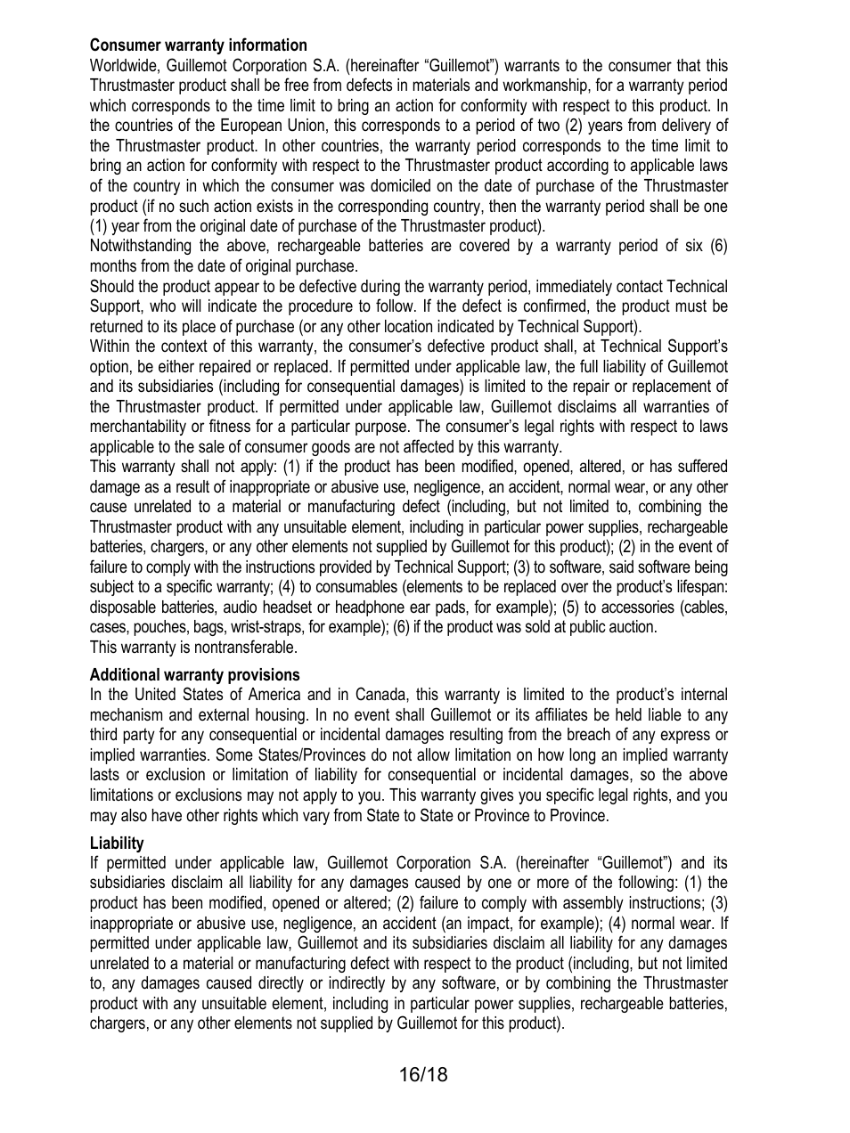 Consumer warranty information, This warranty is nontransferable, Additional warranty provisions | Liability | Thrustmaster TH8A Shifter User Manual | Page 17 / 217