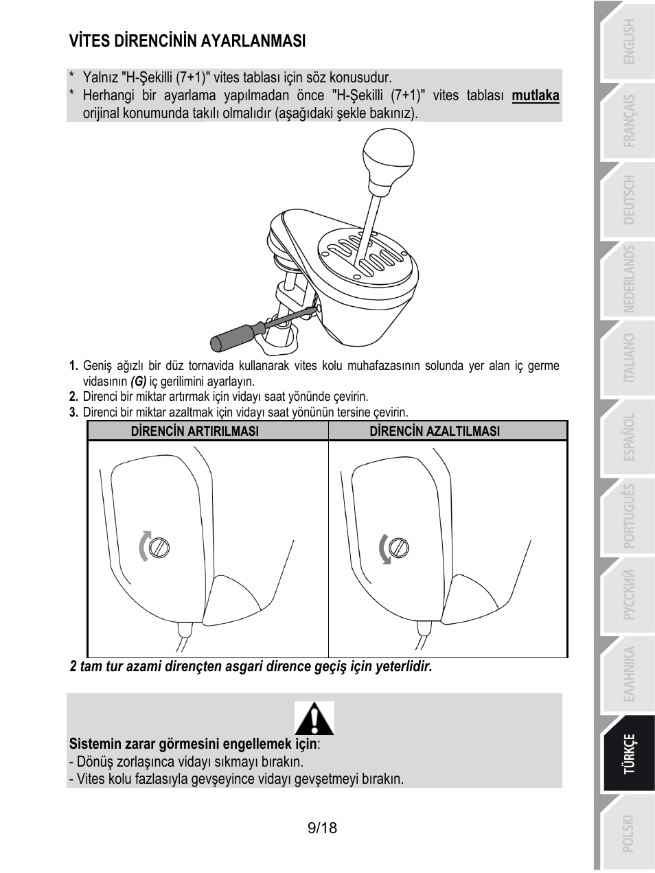 Vites direncinin ayarlanmasi, Direncin azaltilmasi, Direncin artirilmasi | Sistemin zarar görmesini engellemek için, Dönüş zorlaşınca vidayı sıkmayı bırakın | Thrustmaster TH8A Shifter User Manual | Page 172 / 217