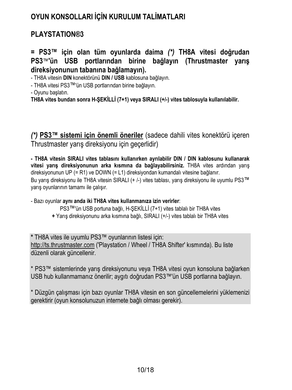 Oyun konsollari için kurulum talimatlari, Playstation®3, Oyunu başlatın | Thrustmaster TH8A Shifter User Manual | Page 173 / 217