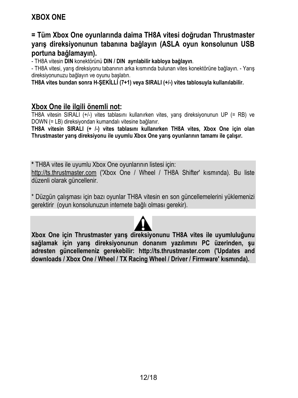 Xbox one, Xbox one ile ilgili önemli not | Thrustmaster TH8A Shifter User Manual | Page 175 / 217