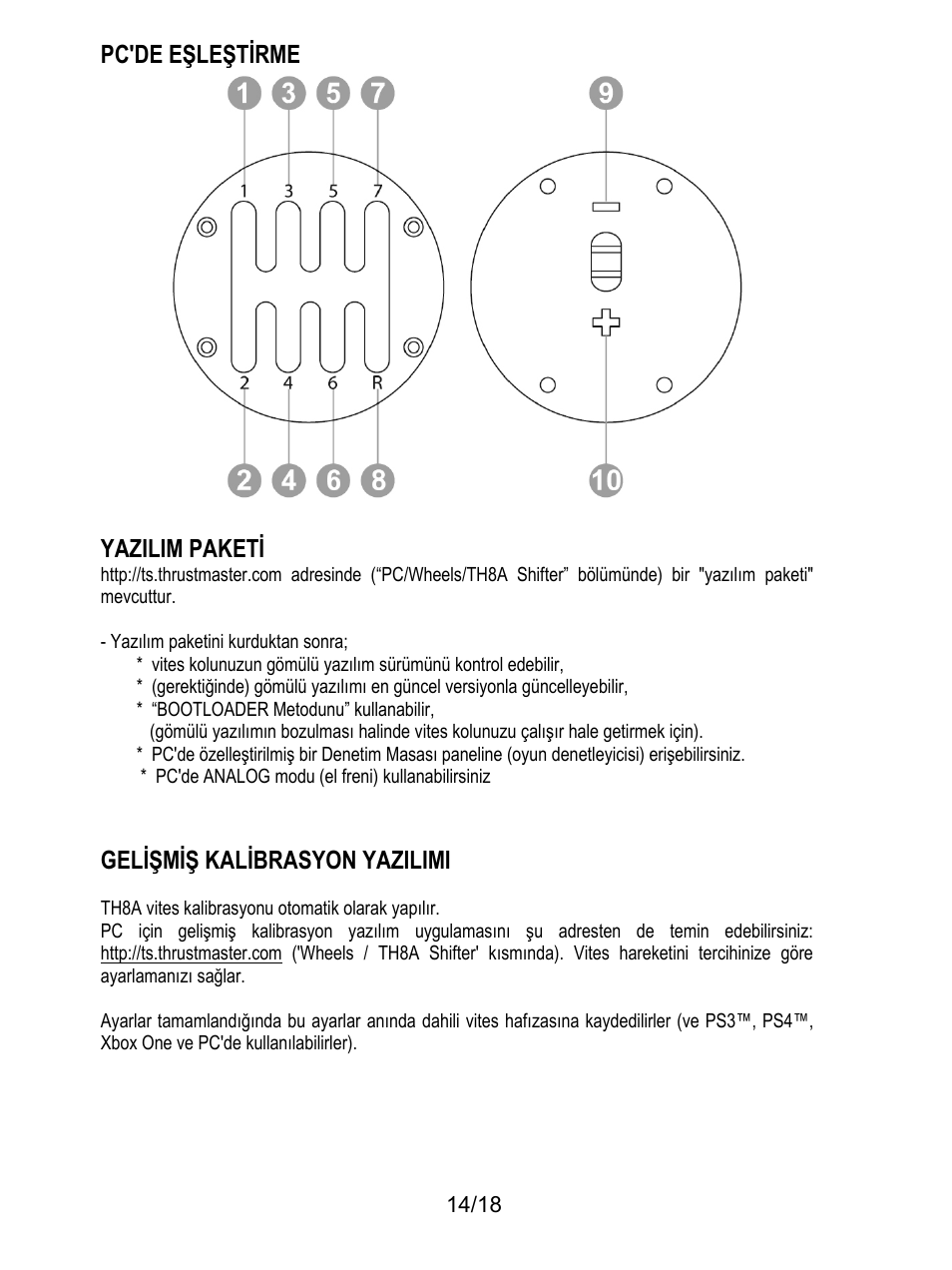 Pc'de eşleştirme, Yazilim paketi, Yazılım paketini kurduktan sonra | Bootloader metodunu” kullanabilir, Pc'de analog modu (el freni) kullanabilirsiniz, Gelişmiş kalibrasyon yazilimi, Th8a vites kalibrasyonu otomatik olarak yapılır, Pc'de eşleştirme yazilim paketi | Thrustmaster TH8A Shifter User Manual | Page 177 / 217