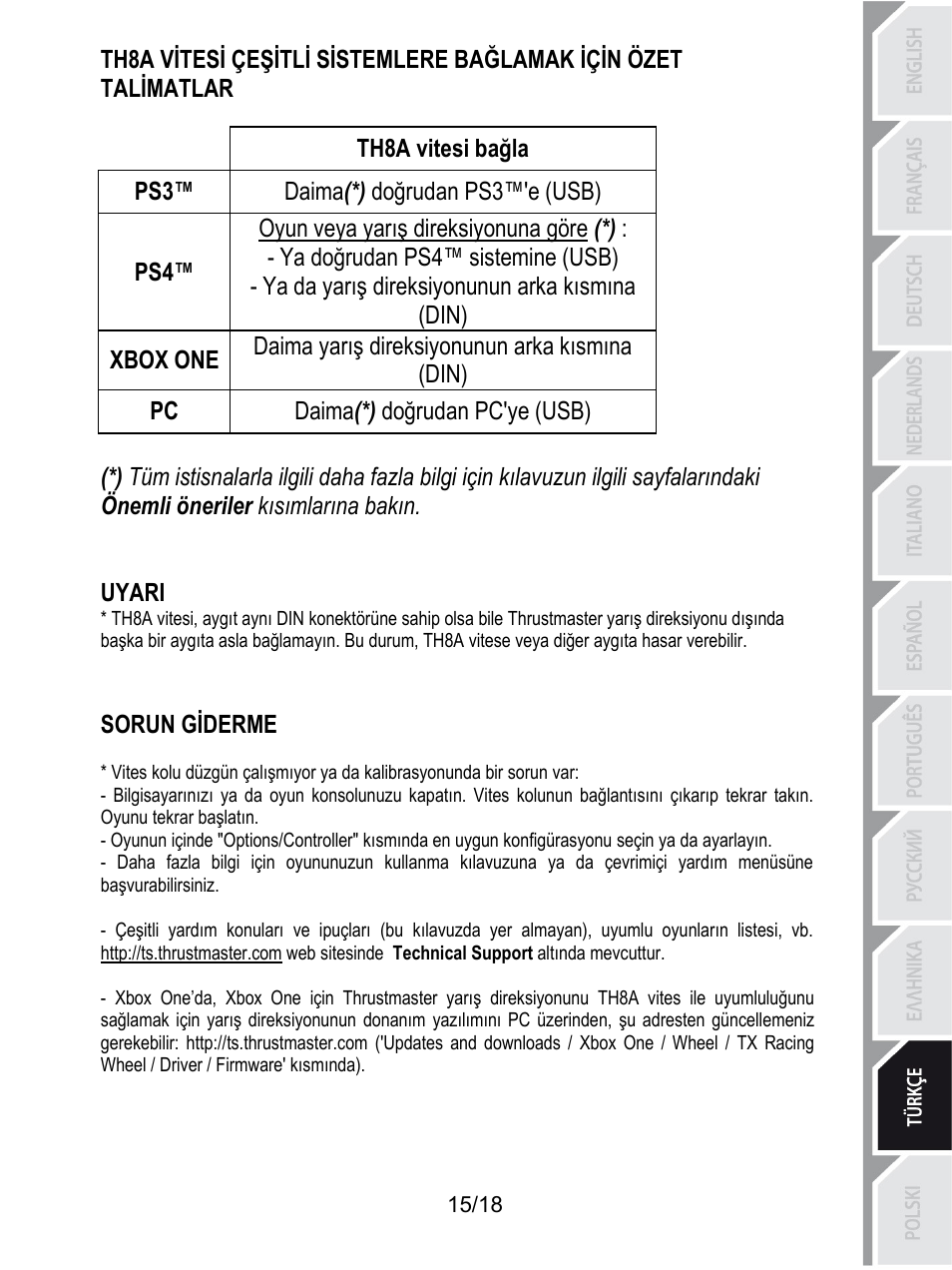 Th8a vitesi bağla, Daima(*) doğrudan ps3™'e (usb), Oyun veya yarış direksiyonuna göre (*) | Ya doğrudan ps4™ sistemine (usb), Ya da yarış direksiyonunun arka kısmına (din), Daima yarış direksiyonunun arka kısmına (din), Xbox one, Daima(*) doğrudan pc'ye (usb), Uyari, Sorun giderme | Thrustmaster TH8A Shifter User Manual | Page 178 / 217