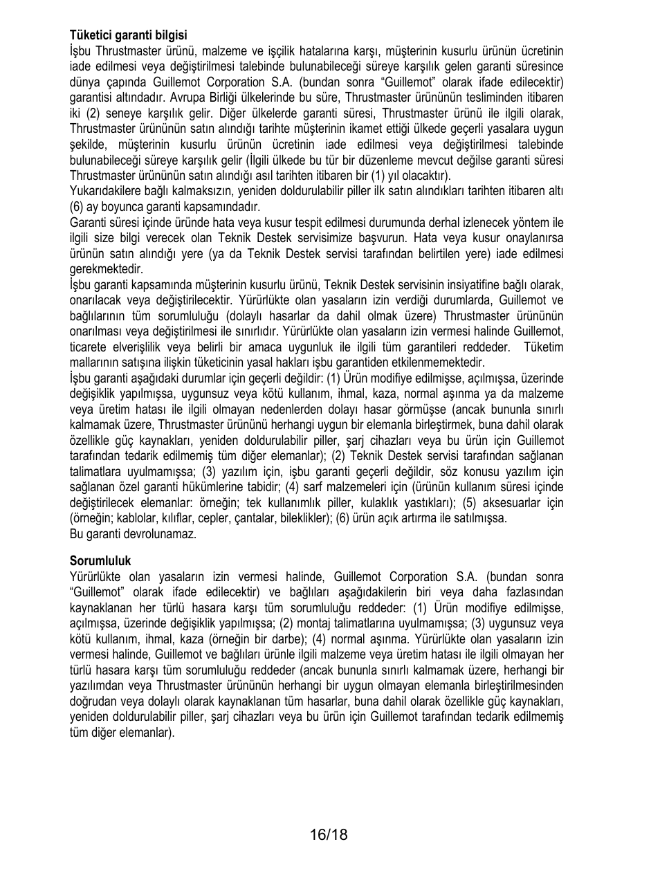 185bsorumluluk, Tüketici garanti bilgisi, Bu garanti devrolunamaz | Sorumluluk | Thrustmaster TH8A Shifter User Manual | Page 179 / 217