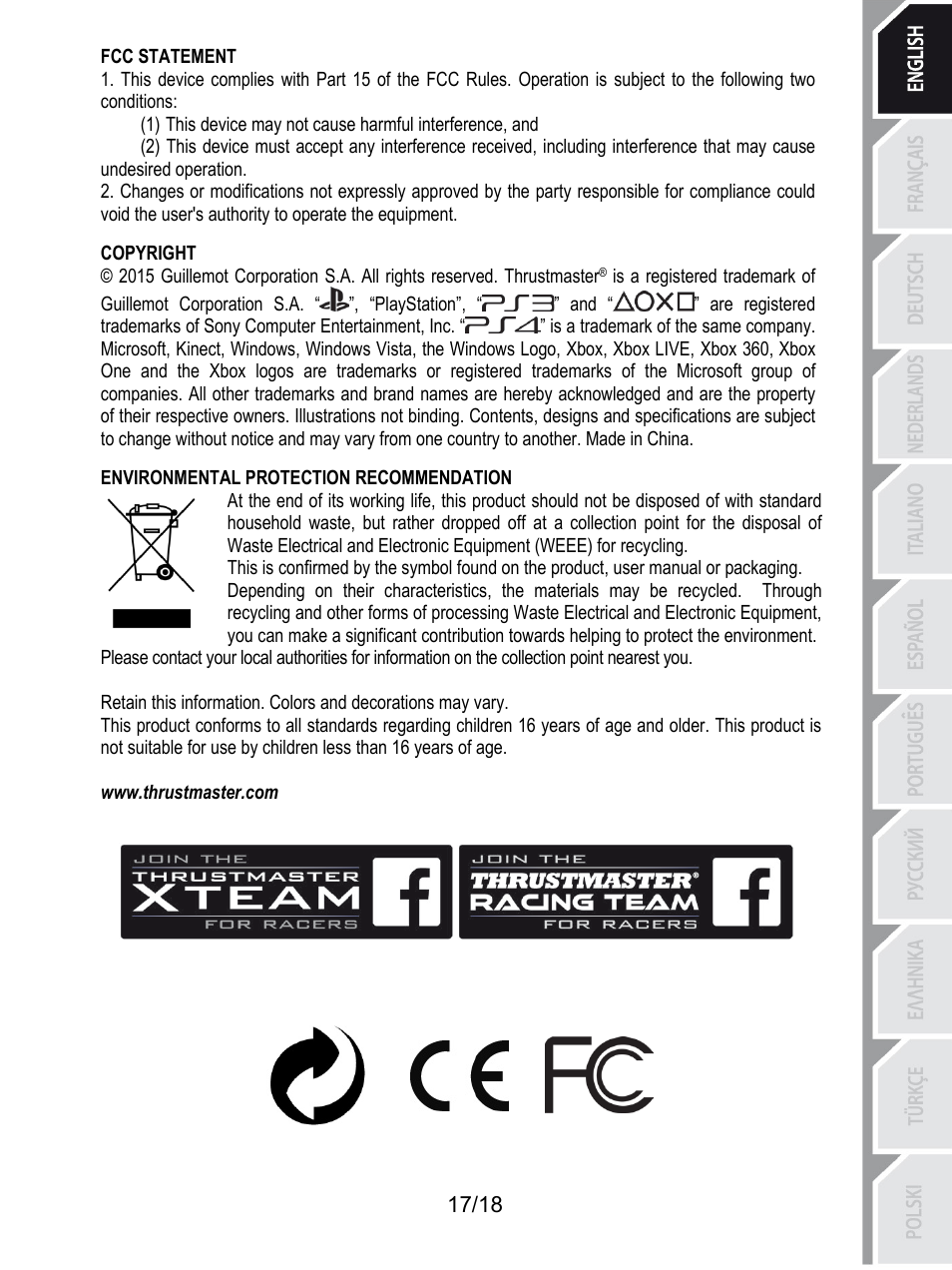 Fcc statement, Copyright, Environmental protection recommendation | Www.thrustmaster.com | Thrustmaster TH8A Shifter User Manual | Page 18 / 217