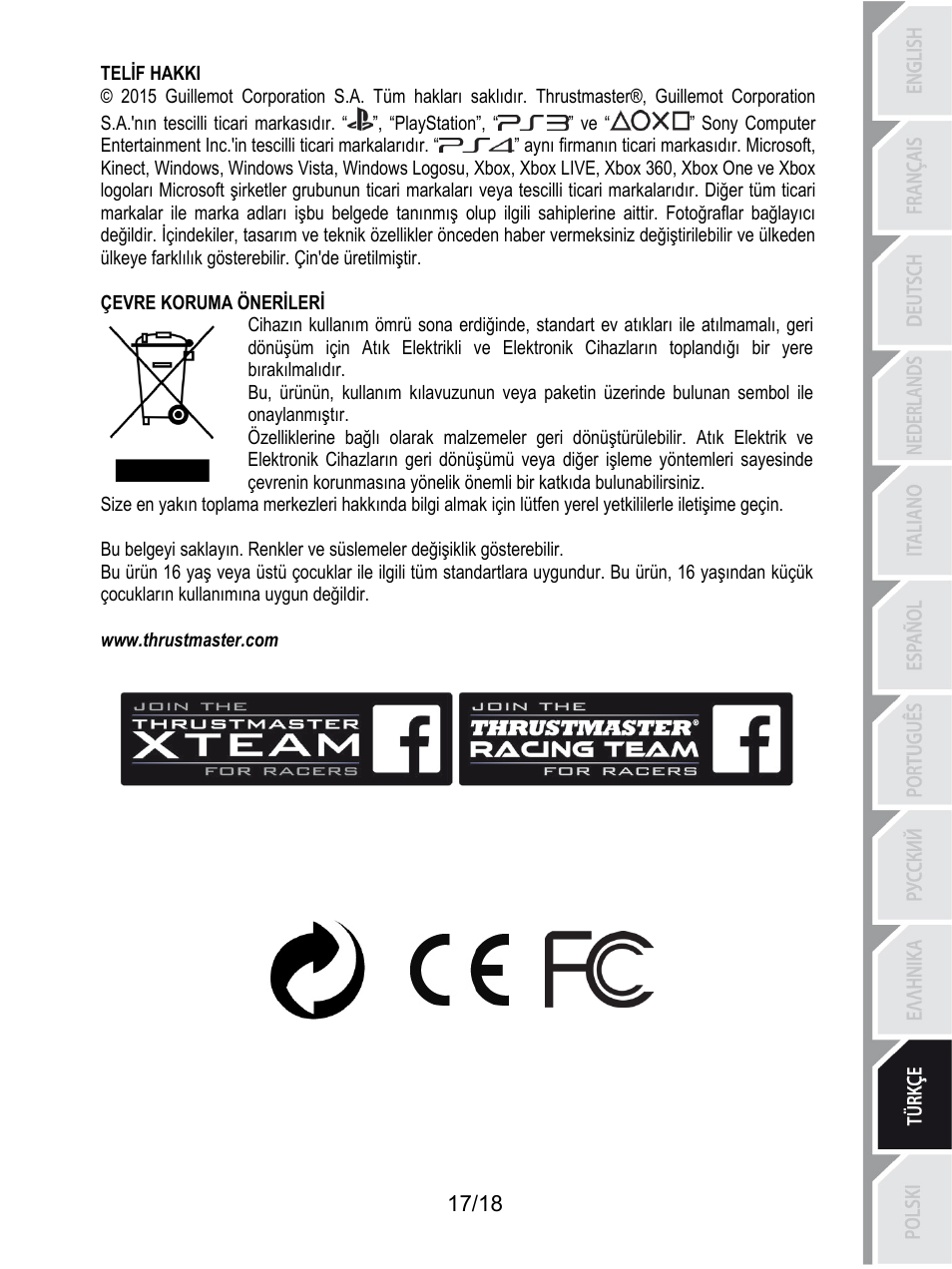 188bçevre koruma önerileri, Telif hakki, Çevre koruma önerileri | Www.thrustmaster.com | Thrustmaster TH8A Shifter User Manual | Page 180 / 217