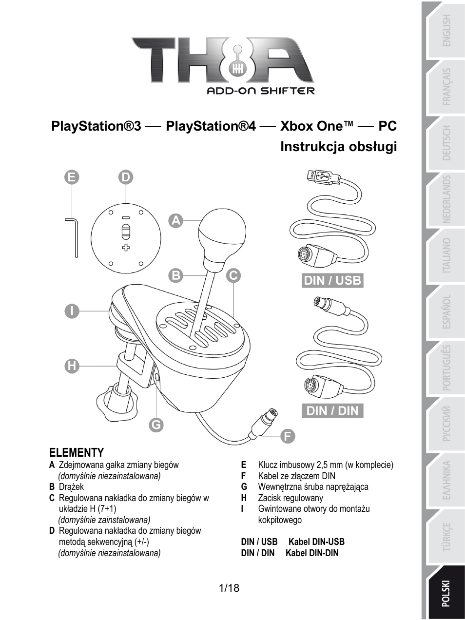 Pol_th8a_v2, Playstation®3 — playstation®4 — xbox one™ — pc, Instrukcja obsługi | Elementy, E klucz imbusowy 2,5 mm (w komplecie), A zdejmowana gałka zmiany biegów, F kabel ze złączem din, Domyślnie niezainstalowana), G wewnętrzna śruba naprężająca, B drążek | Thrustmaster TH8A Shifter User Manual | Page 182 / 217