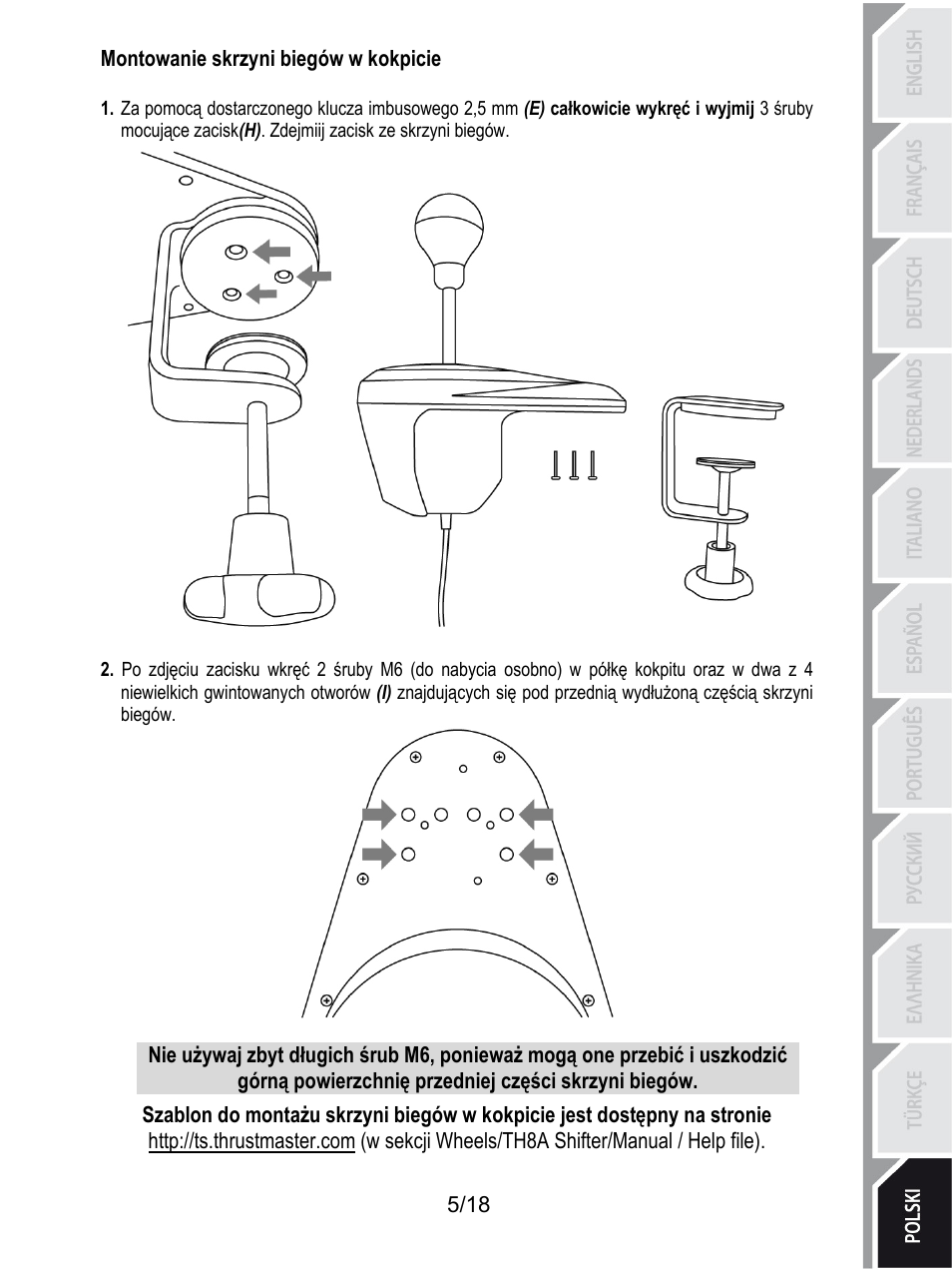 Montowanie skrzyni biegów w kokpicie, Górną powierzchnię przedniej części skrzyni biegów | Thrustmaster TH8A Shifter User Manual | Page 186 / 217
