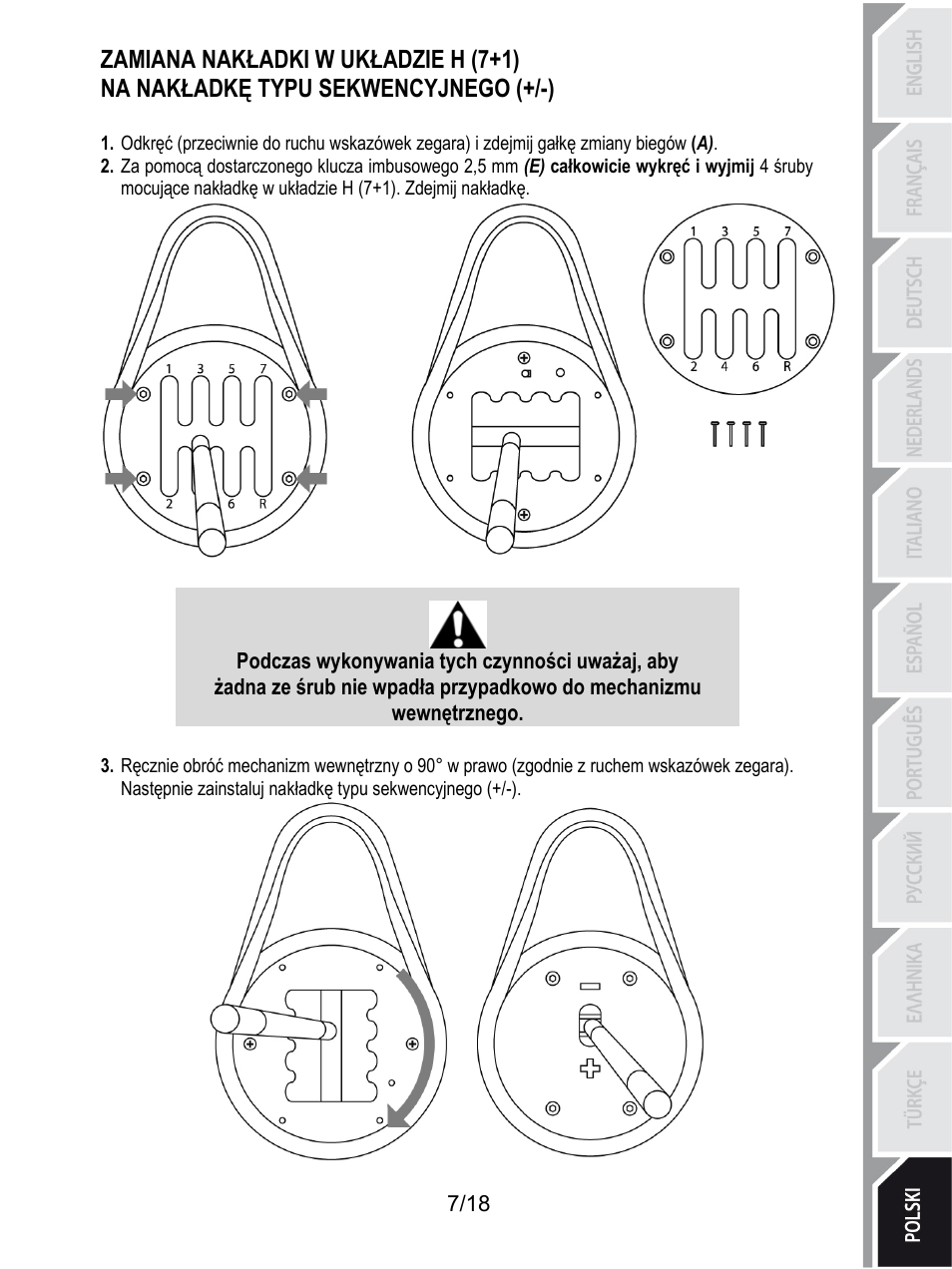 Zamiana nakładki w układzie h (7+1), Na nakładkę typu sekwencyjnego (+/-), Podczas wykonywania tych czynności uważaj, aby | Thrustmaster TH8A Shifter User Manual | Page 188 / 217