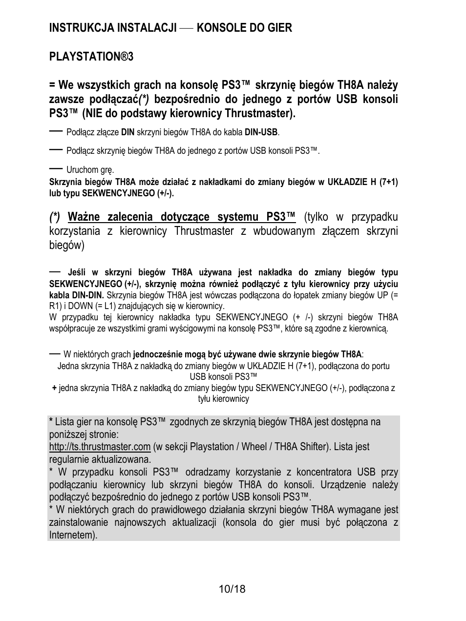 Instrukcja instalacji — konsole do gier, Playstation®3, Uruchom grę | Thrustmaster TH8A Shifter User Manual | Page 191 / 217