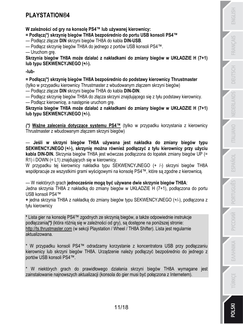 Playstation®4, Uruchom grę, Podłącz kierownicę, a następnie uruchom grę | Thrustmaster TH8A Shifter User Manual | Page 192 / 217