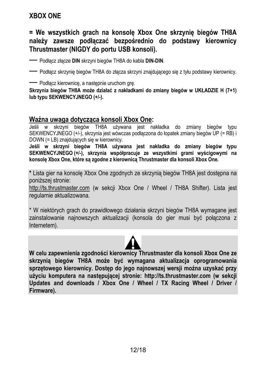 Xbox one, Ważna uwaga dotycząca konsoli xbox one | Thrustmaster TH8A Shifter User Manual | Page 193 / 217