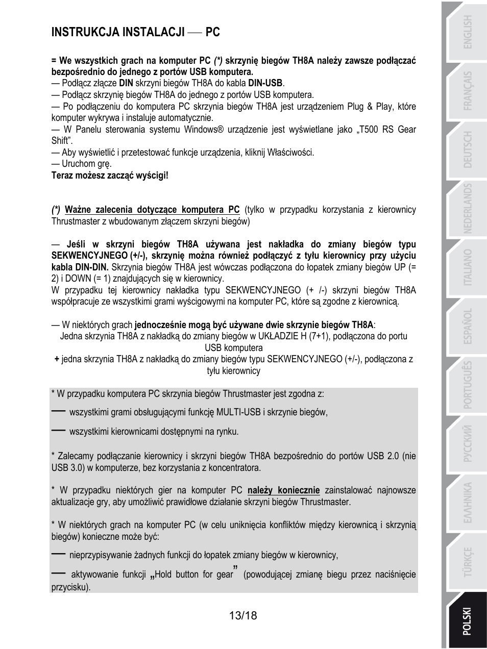 Instrukcja instalacji — pc, Uruchom grę, Teraz możesz zacząć wyścigi | Wszystkimi kierownicami dostępnymi na rynku, Instrukcja instalacji | Thrustmaster TH8A Shifter User Manual | Page 194 / 217