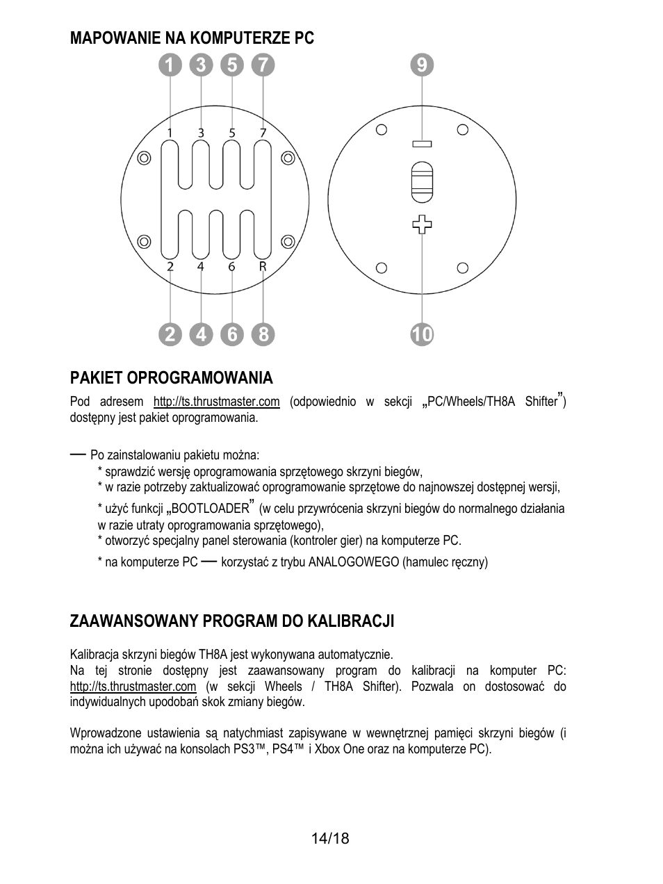 Mapowanie na komputerze pc, Pakiet oprogramowania, Po zainstalowaniu pakietu można | W razie utraty oprogramowania sprzętowego), Zaawansowany program do kalibracji | Thrustmaster TH8A Shifter User Manual | Page 195 / 217