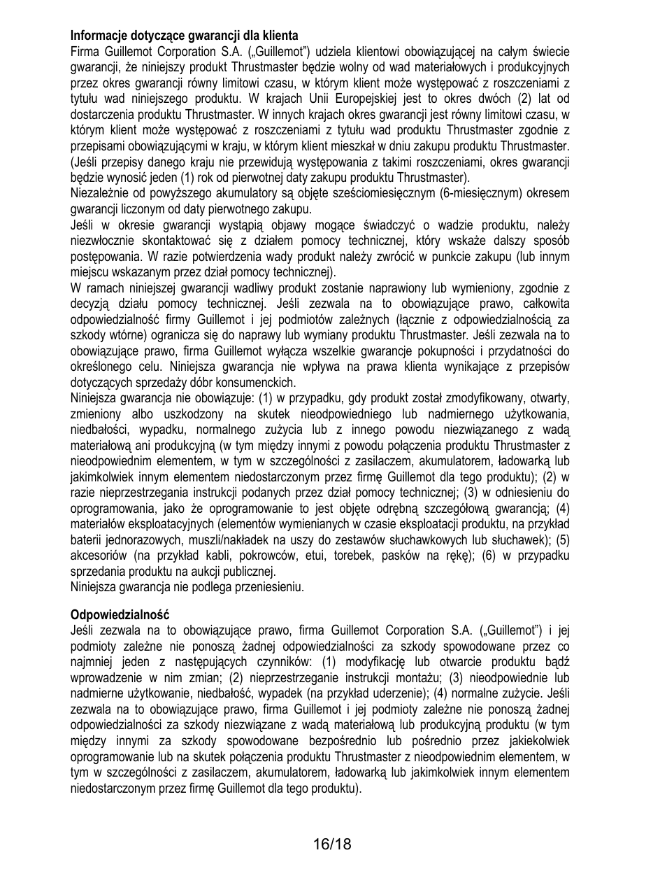 189bodpowiedzialność, Informacje dotyczące gwarancji dla klienta, Niniejsza gwarancja nie podlega przeniesieniu | Odpowiedzialność | Thrustmaster TH8A Shifter User Manual | Page 197 / 217