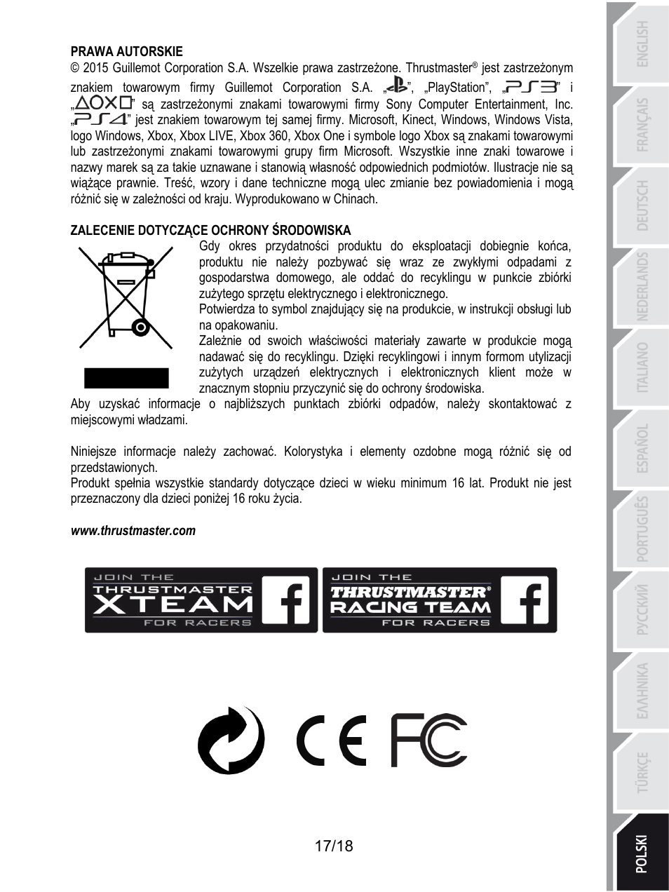 Prawa autorskie, Zalecenie dotyczące ochrony środowiska, Www.thrustmaster.com | Thrustmaster TH8A Shifter User Manual | Page 198 / 217