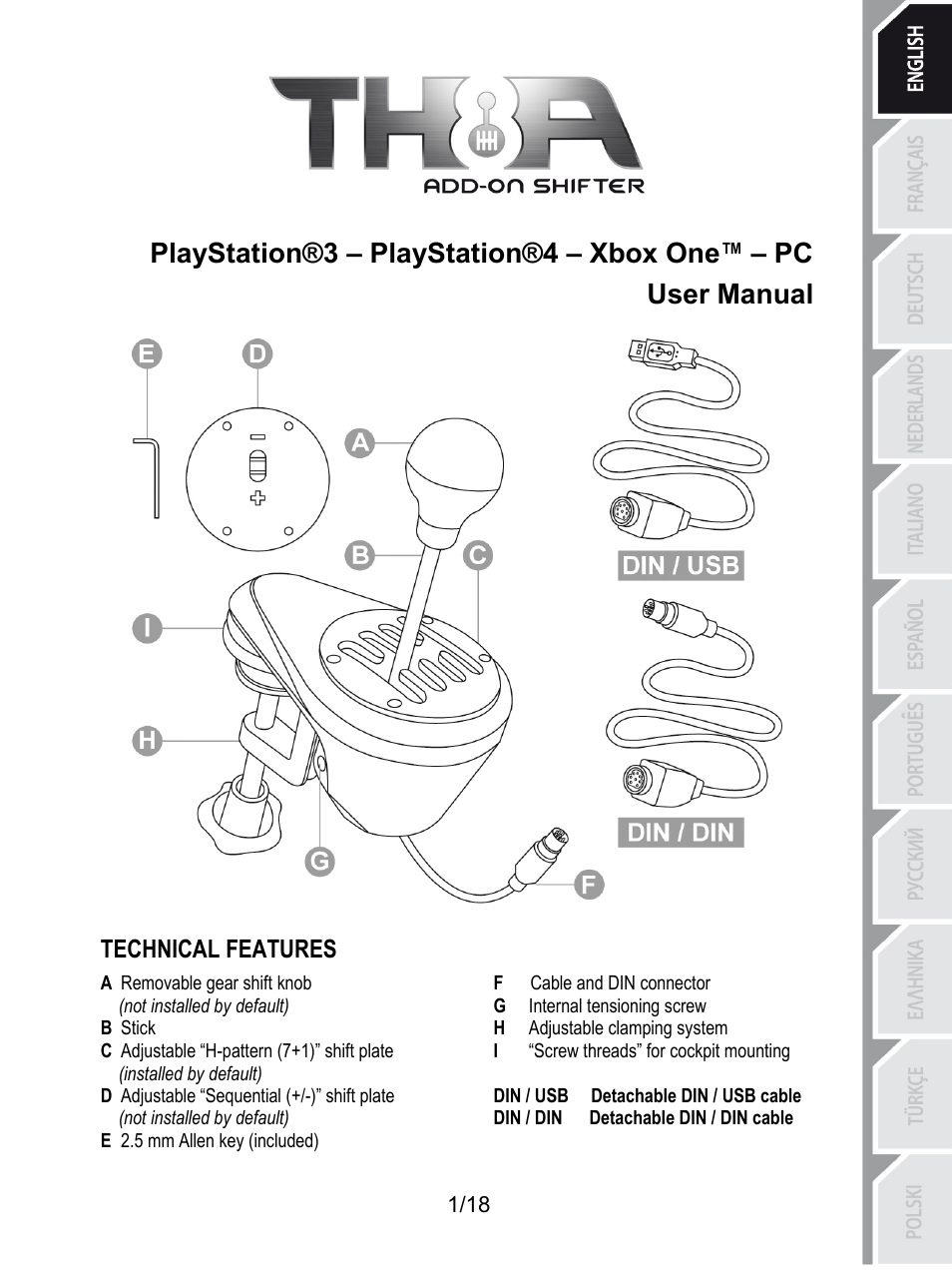 Eng_th8a_v2, Playstation®3 – playstation®4 – xbox one™ – pc, User manual | Technical features, F cable and din connector, A removable gear shift knob, G internal tensioning screw, Not installed by default), H adjustable clamping system, B stick | Thrustmaster TH8A Shifter User Manual | Page 2 / 217