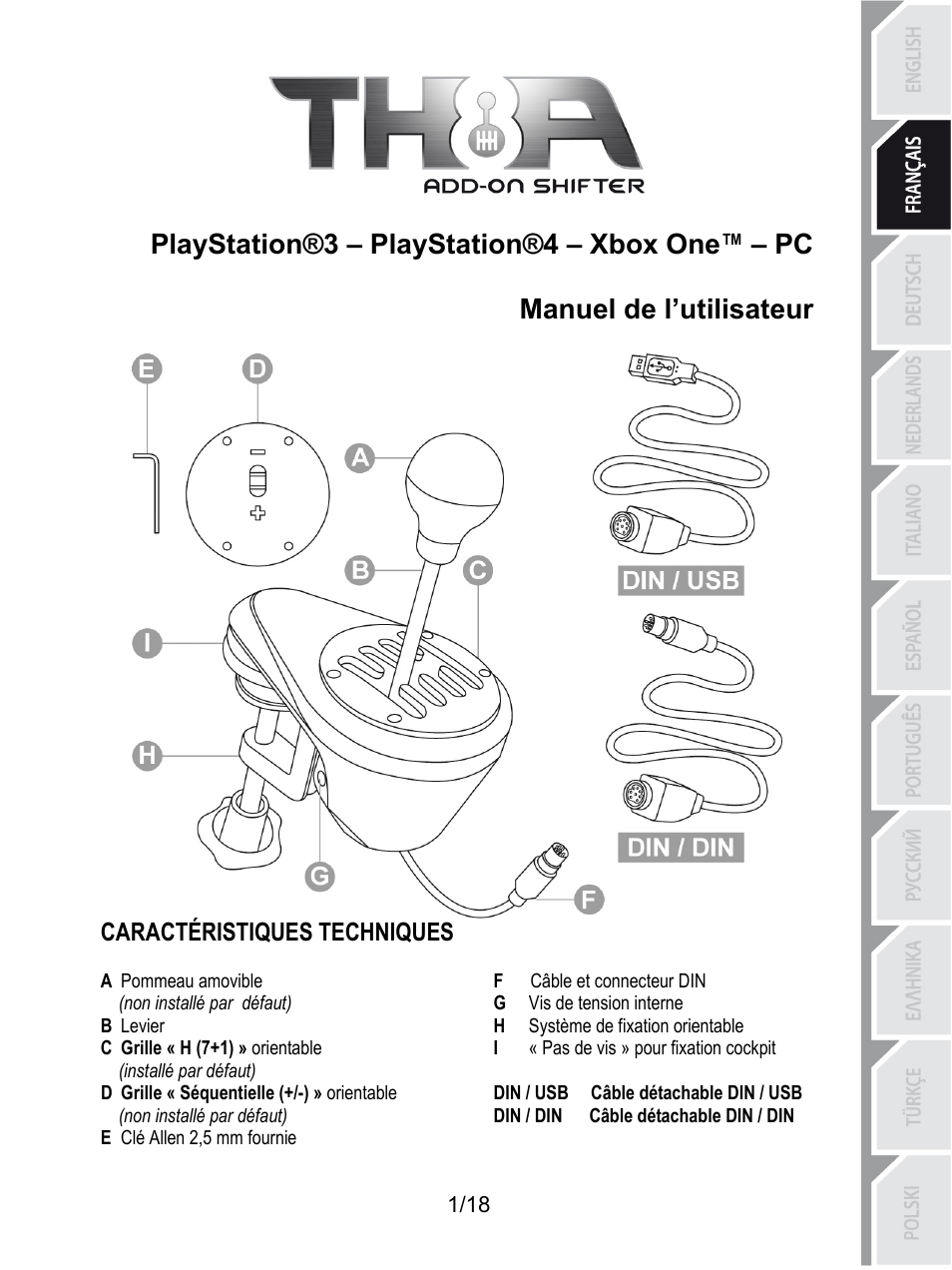 Fra_th8a_v2, Playstation®3 – playstation®4 – xbox one™ – pc, Manuel de l’utilisateur | Caractéristiques techniques, F câble et connecteur din, A pommeau amovible, G vis de tension interne, Non installé par défaut), H système de fixation orientable, B levier | Thrustmaster TH8A Shifter User Manual | Page 20 / 217