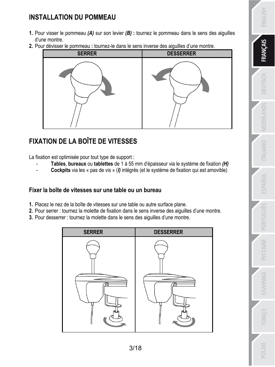 Installation du pommeau, Desserrer, Serrer | Fixation de la boîte de vitesses | Thrustmaster TH8A Shifter User Manual | Page 22 / 217