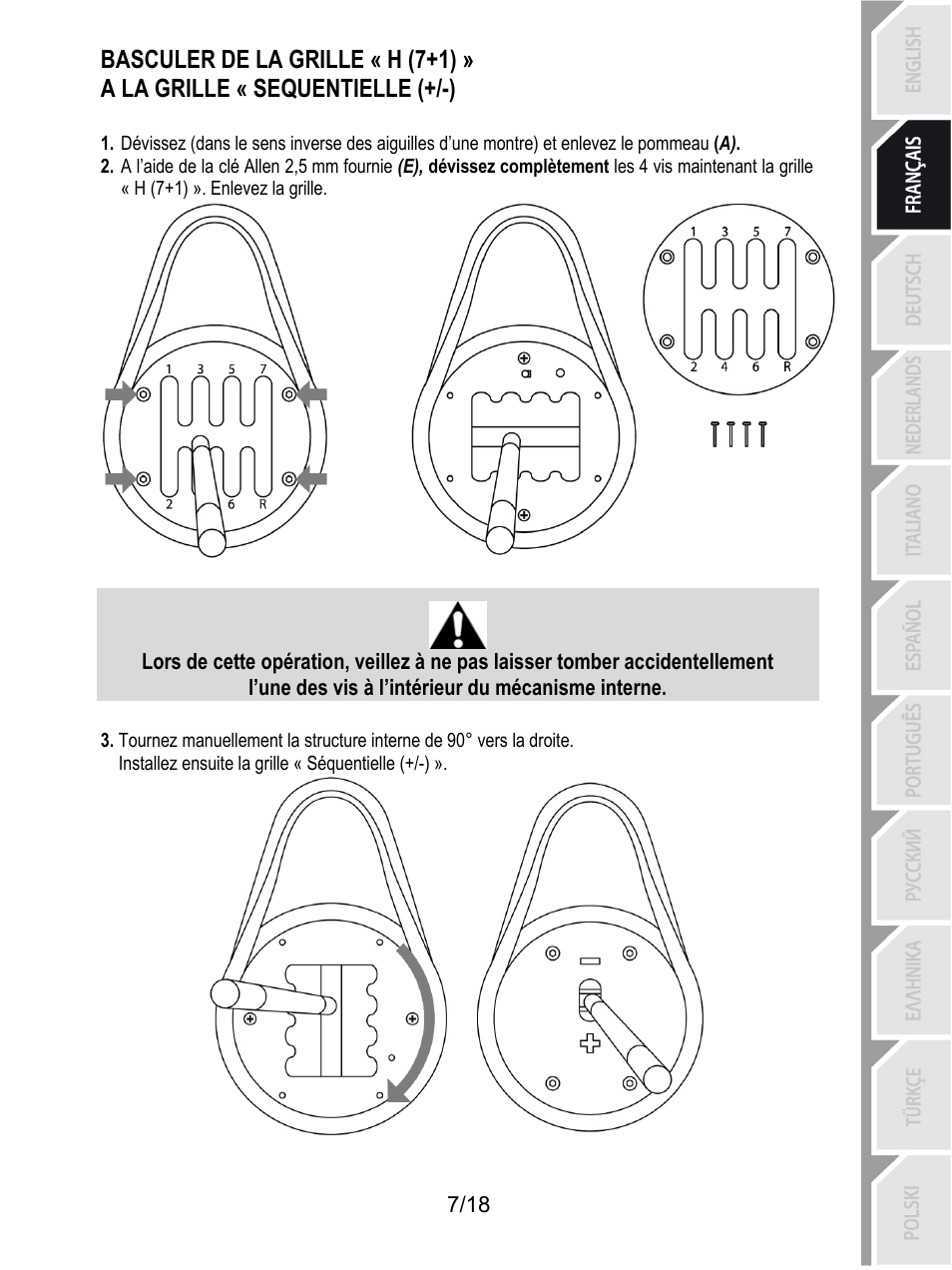 Basculer de la grille « h (7+1), A la grille « sequentielle (+/-), L’une des vis à l’intérieur du mécanisme interne | Installez ensuite la grille « séquentielle (+/-) | Thrustmaster TH8A Shifter User Manual | Page 26 / 217