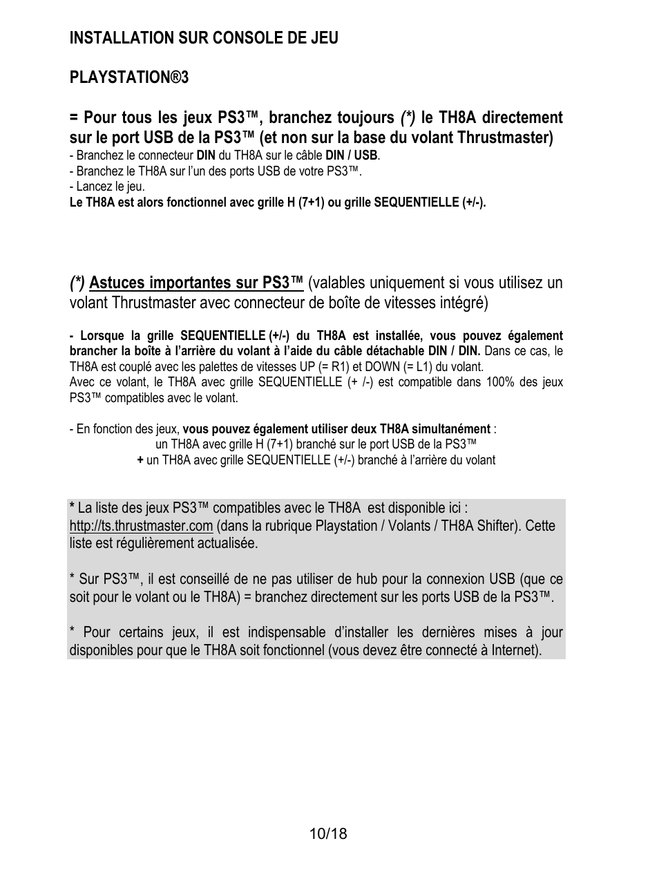 Installation sur console de jeu, Playstation®3, Lancez le jeu | Thrustmaster TH8A Shifter User Manual | Page 29 / 217