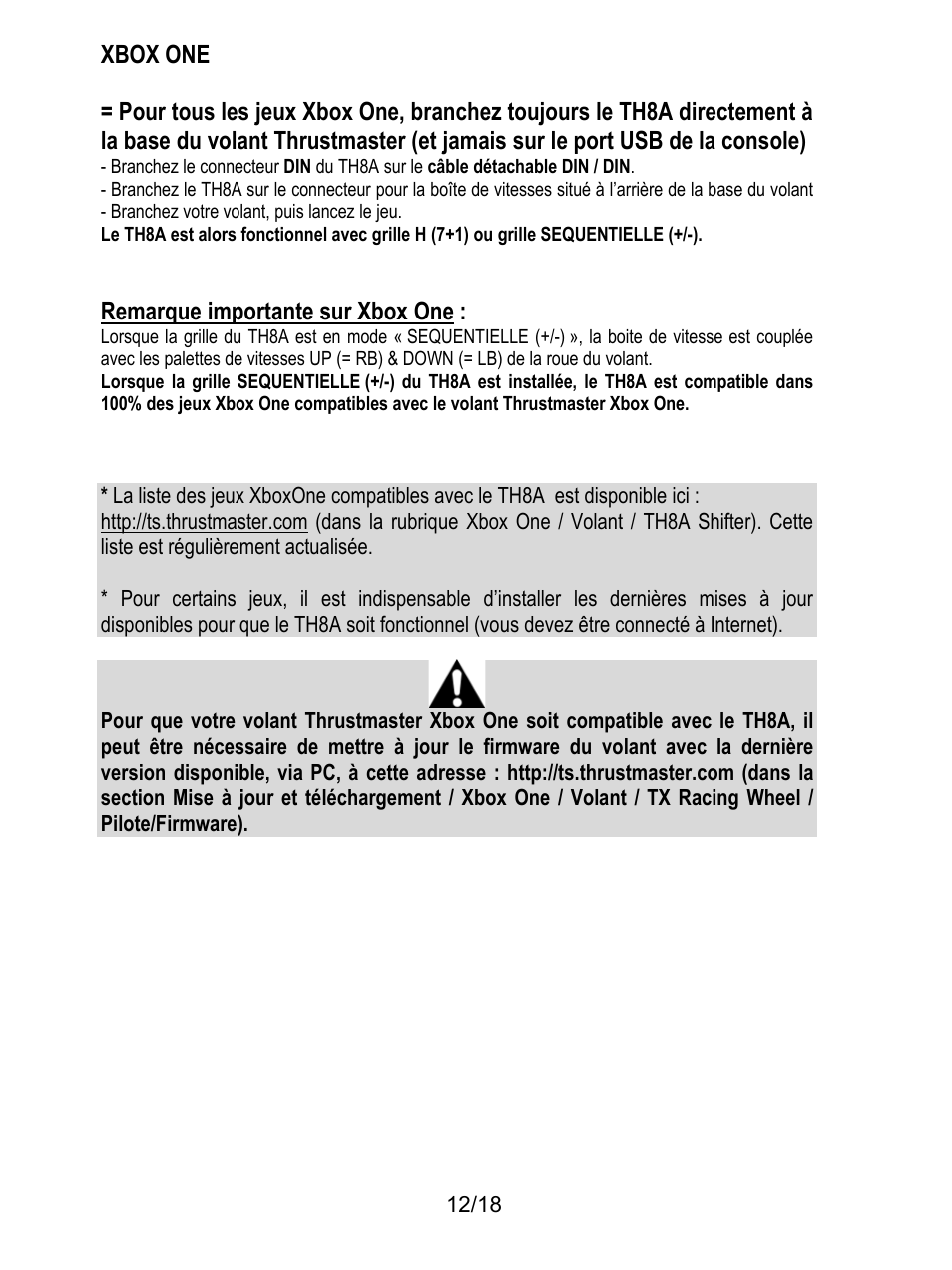 Xbox one, Remarque importante sur xbox one | Thrustmaster TH8A Shifter User Manual | Page 31 / 217