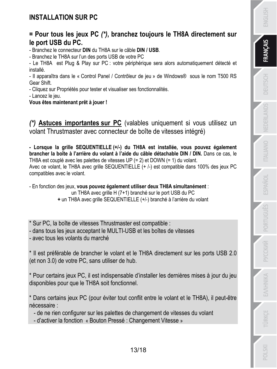 Installation sur pc, Lancez le jeu, Vous êtes maintenant prêt à jouer | Avec tous les volants du marché | Thrustmaster TH8A Shifter User Manual | Page 32 / 217