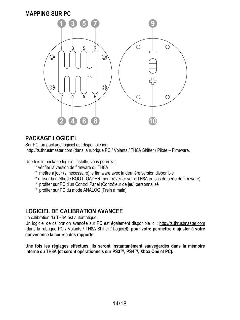 Mapping sur pc, Package logiciel, Sur pc, un package logiciel est disponible ici | Vérifier la version de firmware du th8a, Profiter sur pc du mode analog (frein à main), Logiciel de calibration avancee, La calibration du th8a est automatique, Mapping sur pc package logiciel | Thrustmaster TH8A Shifter User Manual | Page 33 / 217