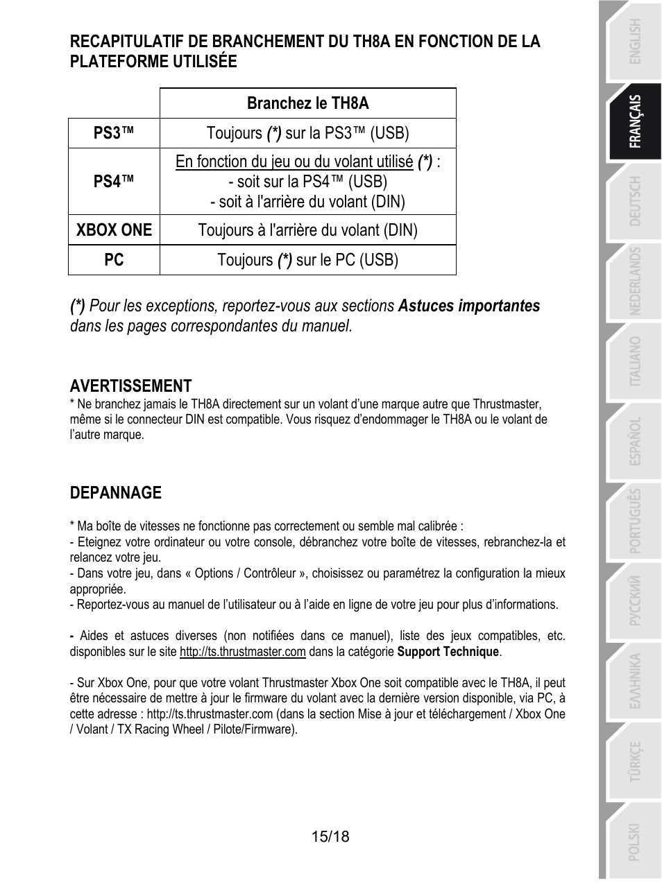 Branchez le th8a, Toujours (*) sur la ps3™ (usb), En fonction du jeu ou du volant utilisé (*) | Soit sur la ps4™ (usb), Soit à l'arrière du volant (din), Toujours à l'arrière du volant (din), Xbox one, Toujours (*) sur le pc (usb), Avertissement, Depannage | Thrustmaster TH8A Shifter User Manual | Page 34 / 217
