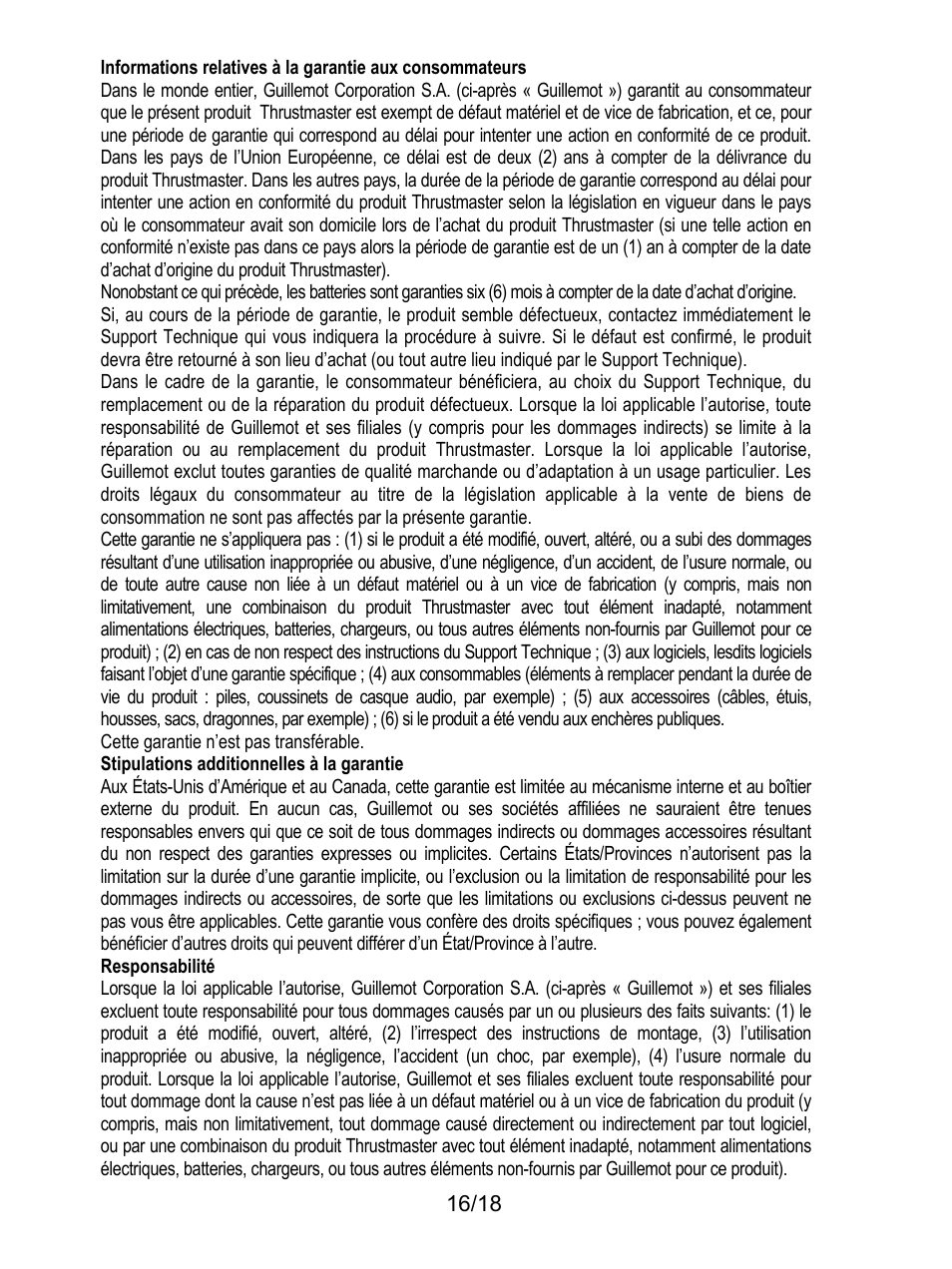 188bstipulations additionnelles à la garantie, 190bresponsabilité, Cette garantie n’est pas transférable | Stipulations additionnelles à la garantie, Responsabilité | Thrustmaster TH8A Shifter User Manual | Page 35 / 217