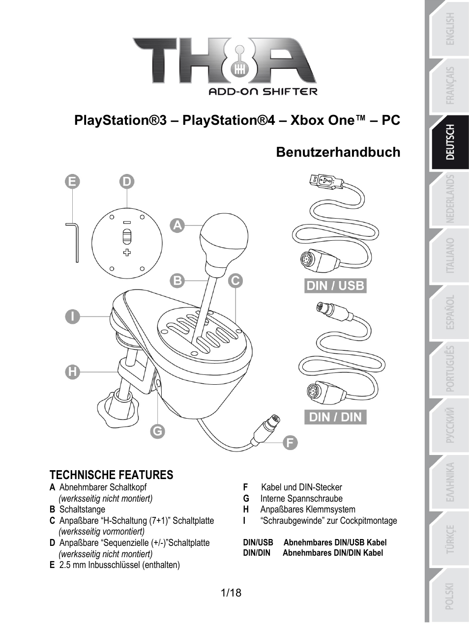 Deu_th8a_v2, Playstation®3 – playstation®4 – xbox one™ – pc, Benutzerhandbuch | Technische features, F kabel und din-stecker, A abnehmbarer schaltkopf, G interne spannschraube, Werksseitig nicht montiert), H anpaßbares klemmsystem, B schaltstange | Thrustmaster TH8A Shifter User Manual | Page 38 / 217