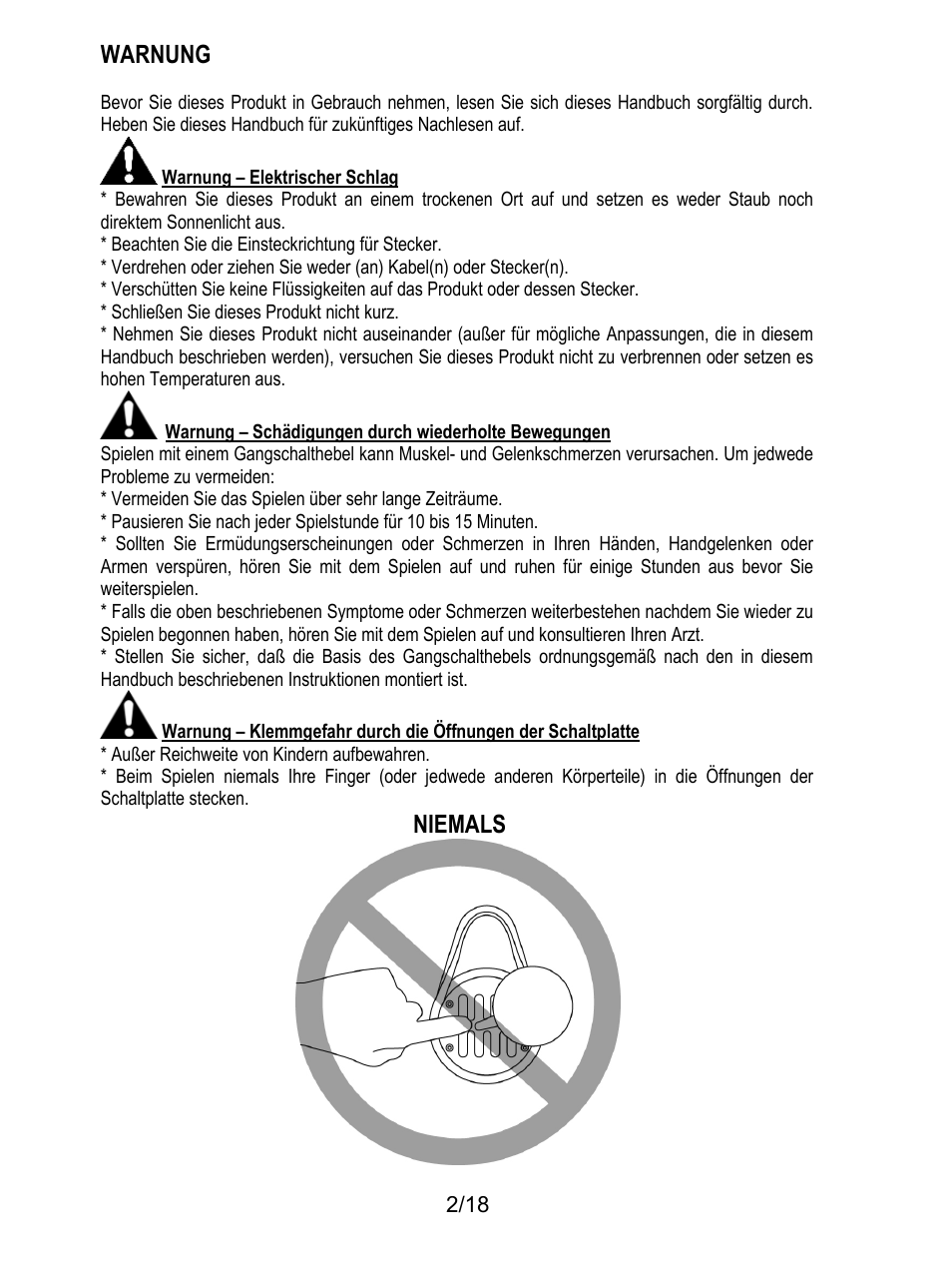 Warnung, Warnung – elektrischer schlag, Beachten sie die einsteckrichtung für stecker | Schließen sie dieses produkt nicht kurz, Außer reichweite von kindern aufbewahren, Niemals | Thrustmaster TH8A Shifter User Manual | Page 39 / 217