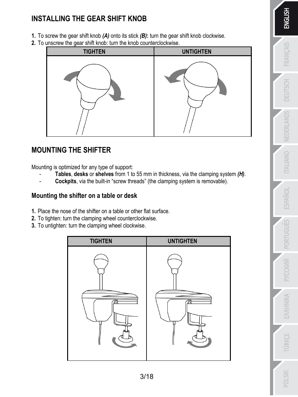 Installing the gear shift knob, Untighten, Tighten | Mounting the shifter, Mounting is optimized for any type of support, Mounting the shifter on a table or desk, To untighten: turn the clamping wheel clockwise | Thrustmaster TH8A Shifter User Manual | Page 4 / 217