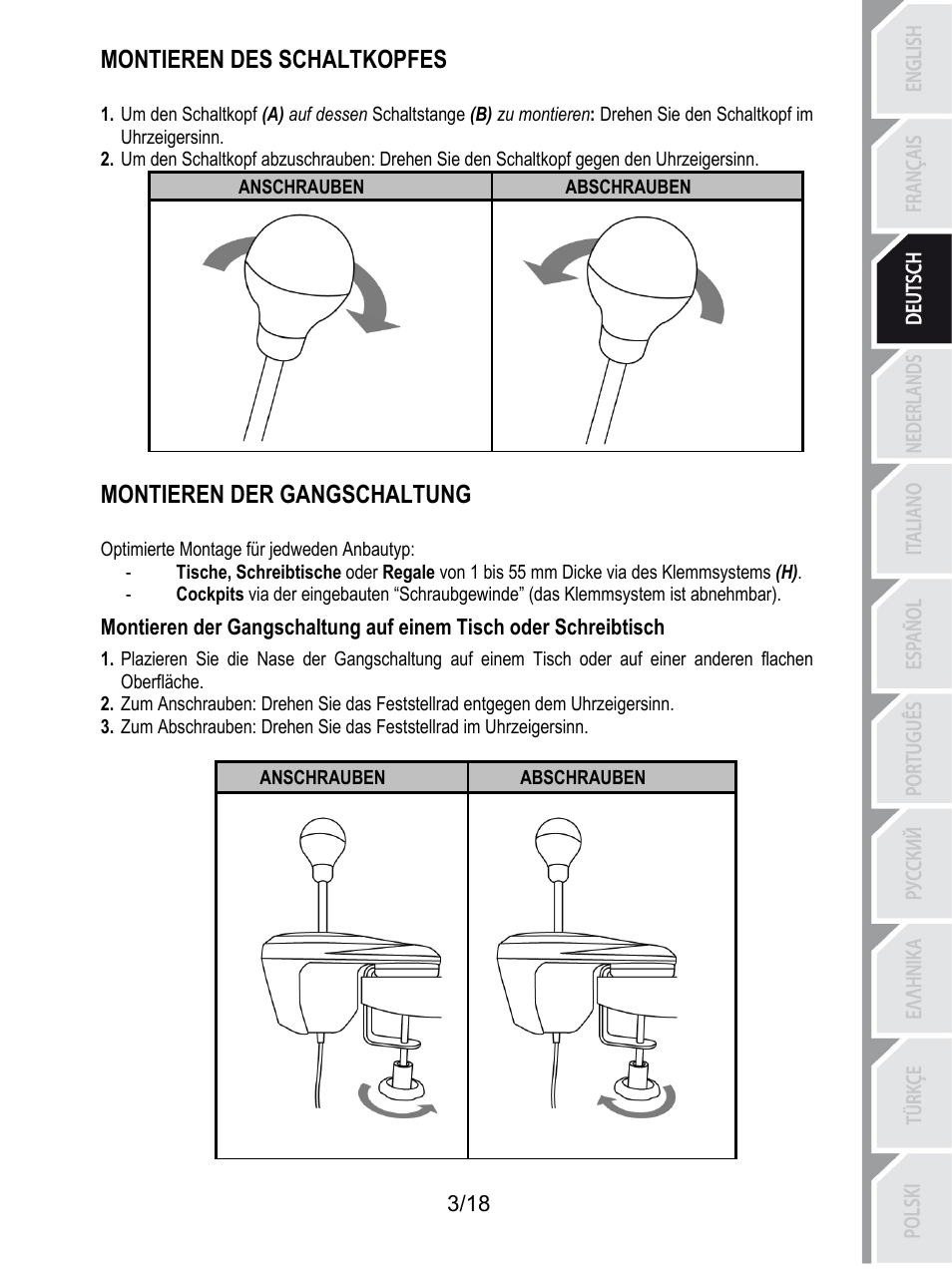 Montieren des schaltkopfes, Abschrauben, Anschrauben | Montieren der gangschaltung, Optimierte montage für jedweden anbautyp | Thrustmaster TH8A Shifter User Manual | Page 40 / 217